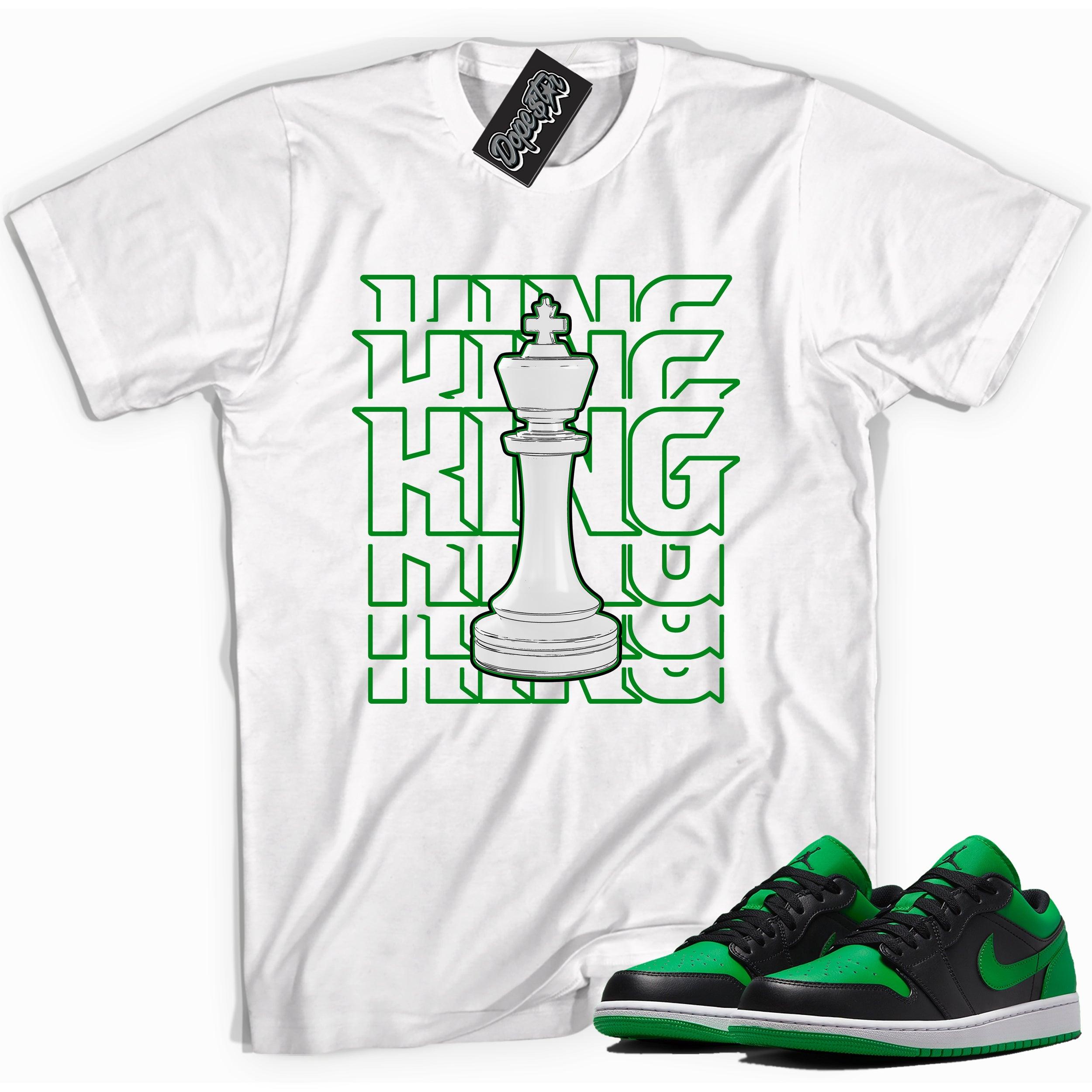 Cool white graphic tee with 'King' print, that perfectly matches Air Jordan 1 Low Lucky Green sneakers