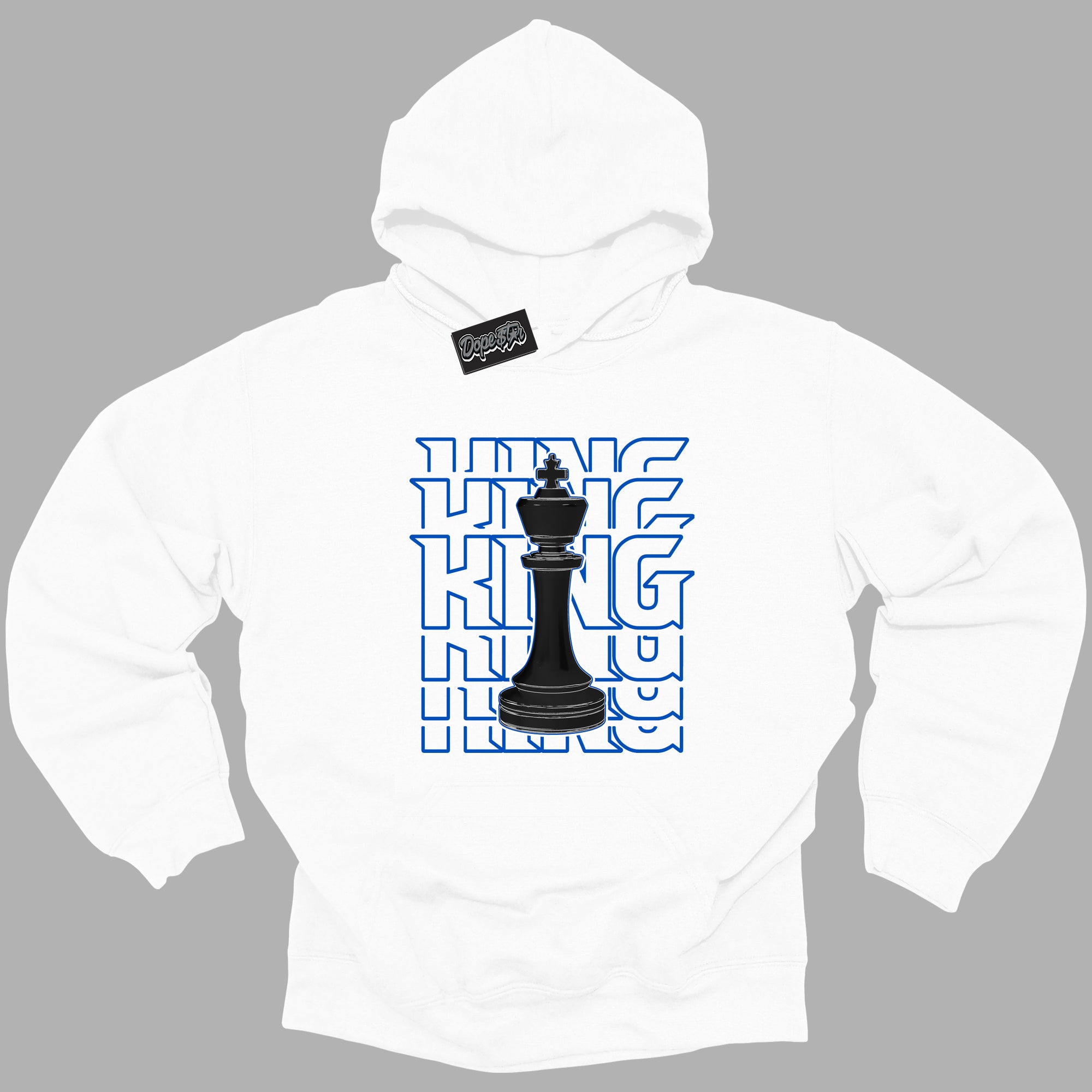 Cool White Hoodie with “ King Chess ”  design that Perfectly Matches Royal Reimagined 1s Sneakers.