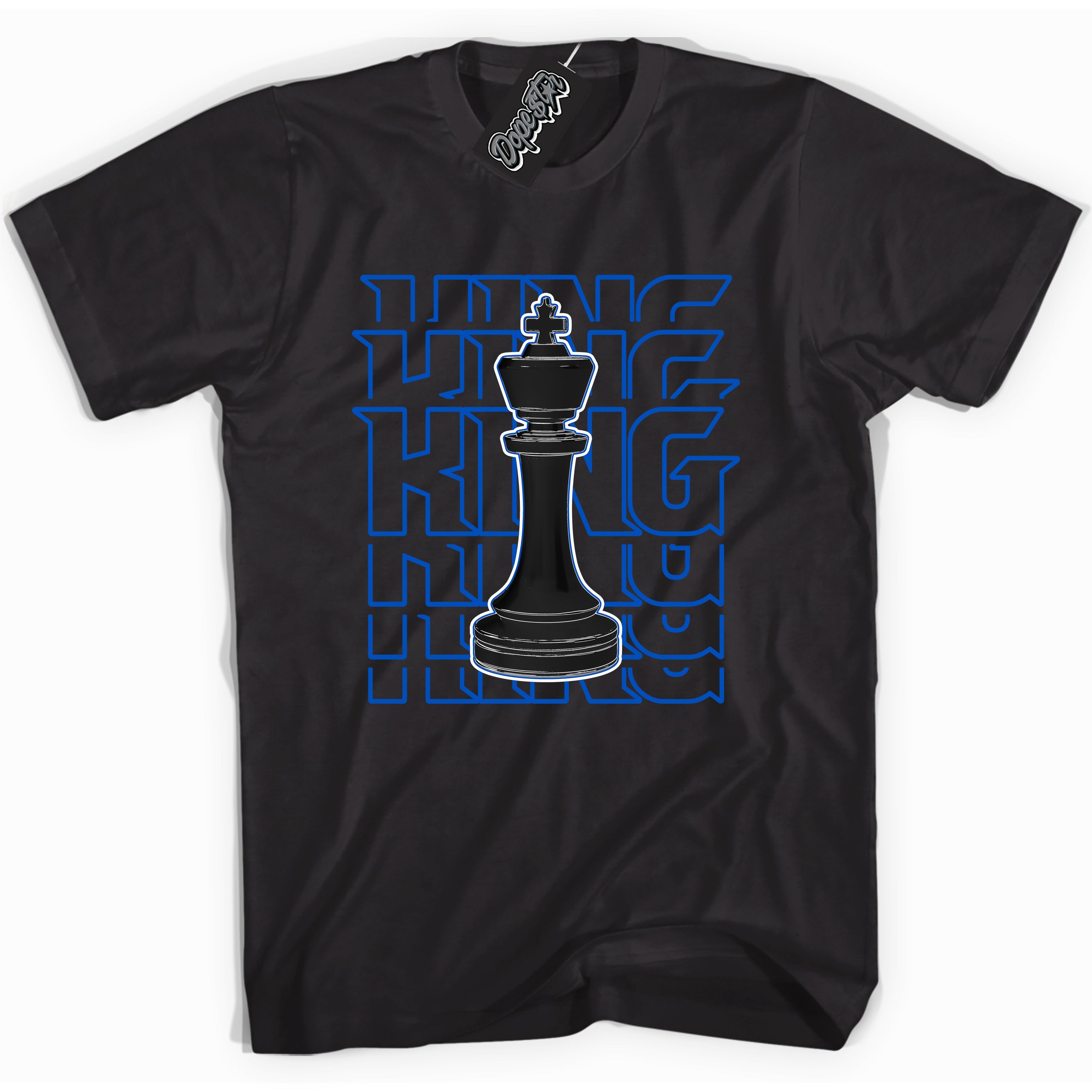 Cool Black graphic tee with "King Chess" design, that perfectly matches Royal Reimagined 1s sneakers 