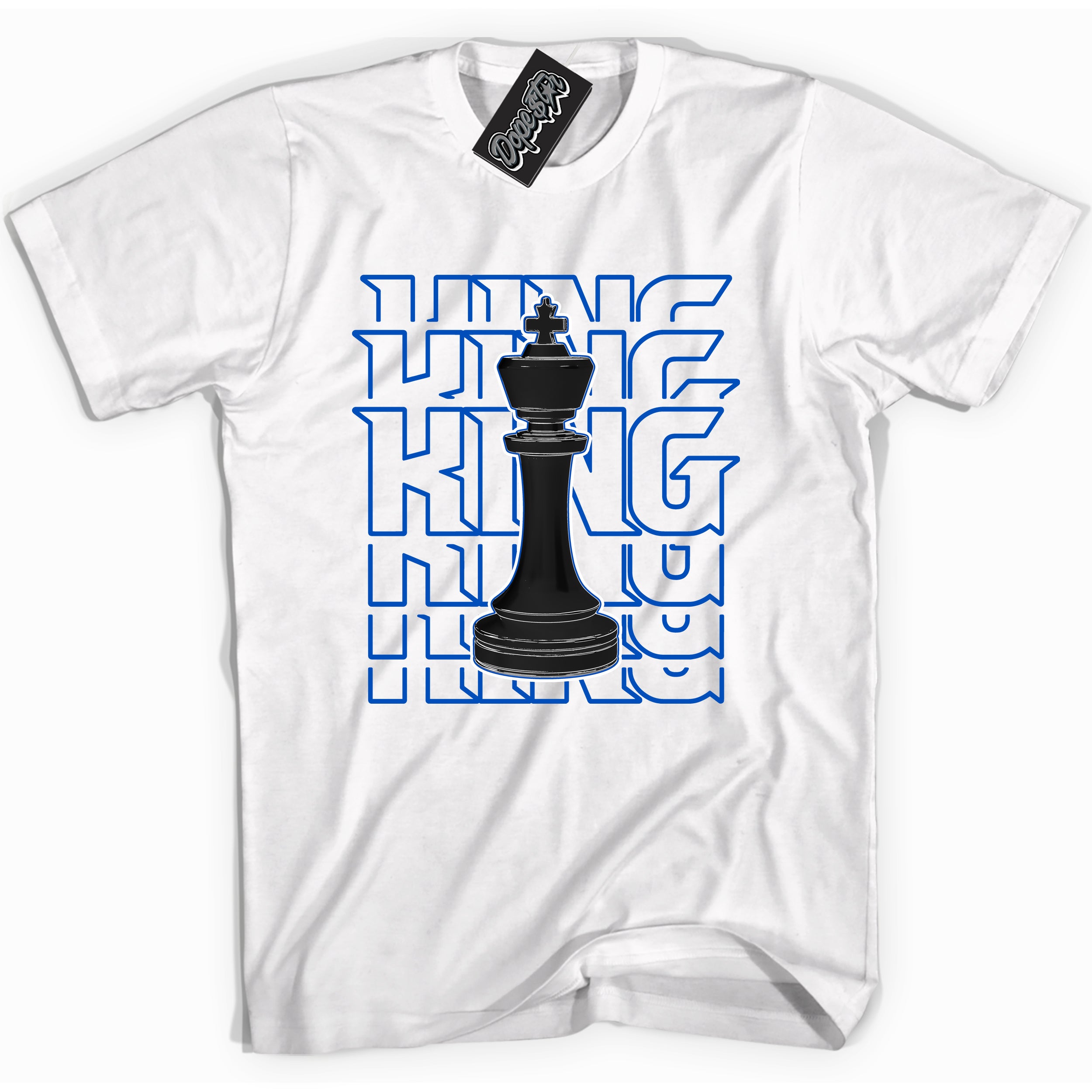 Cool White graphic tee with "King Chess" design, that perfectly matches Royal Reimagined 1s sneakers 