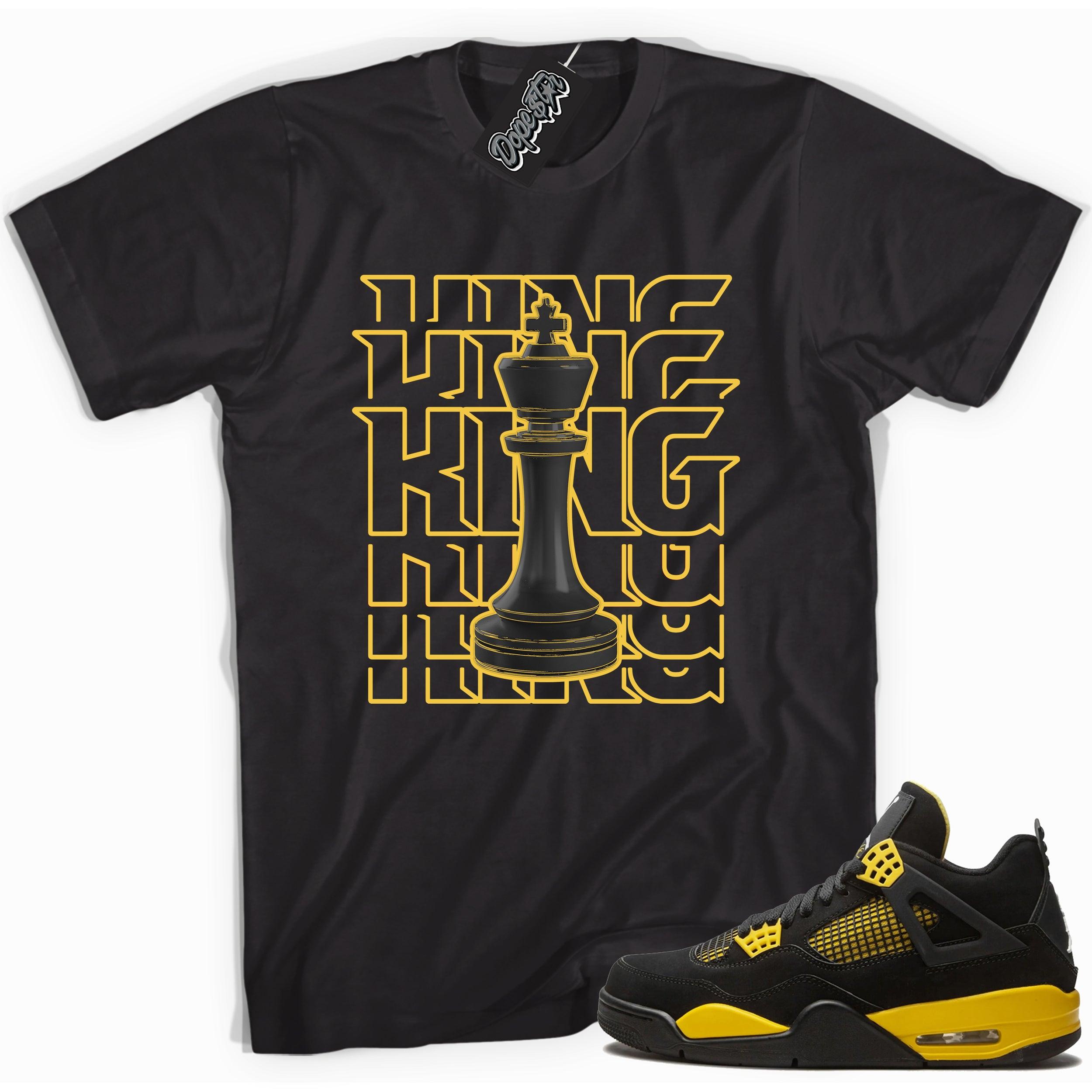Cool black graphic tee with 'King chess piece' print, that perfectly matches  Air Jordan 4 Thunder sneakers
