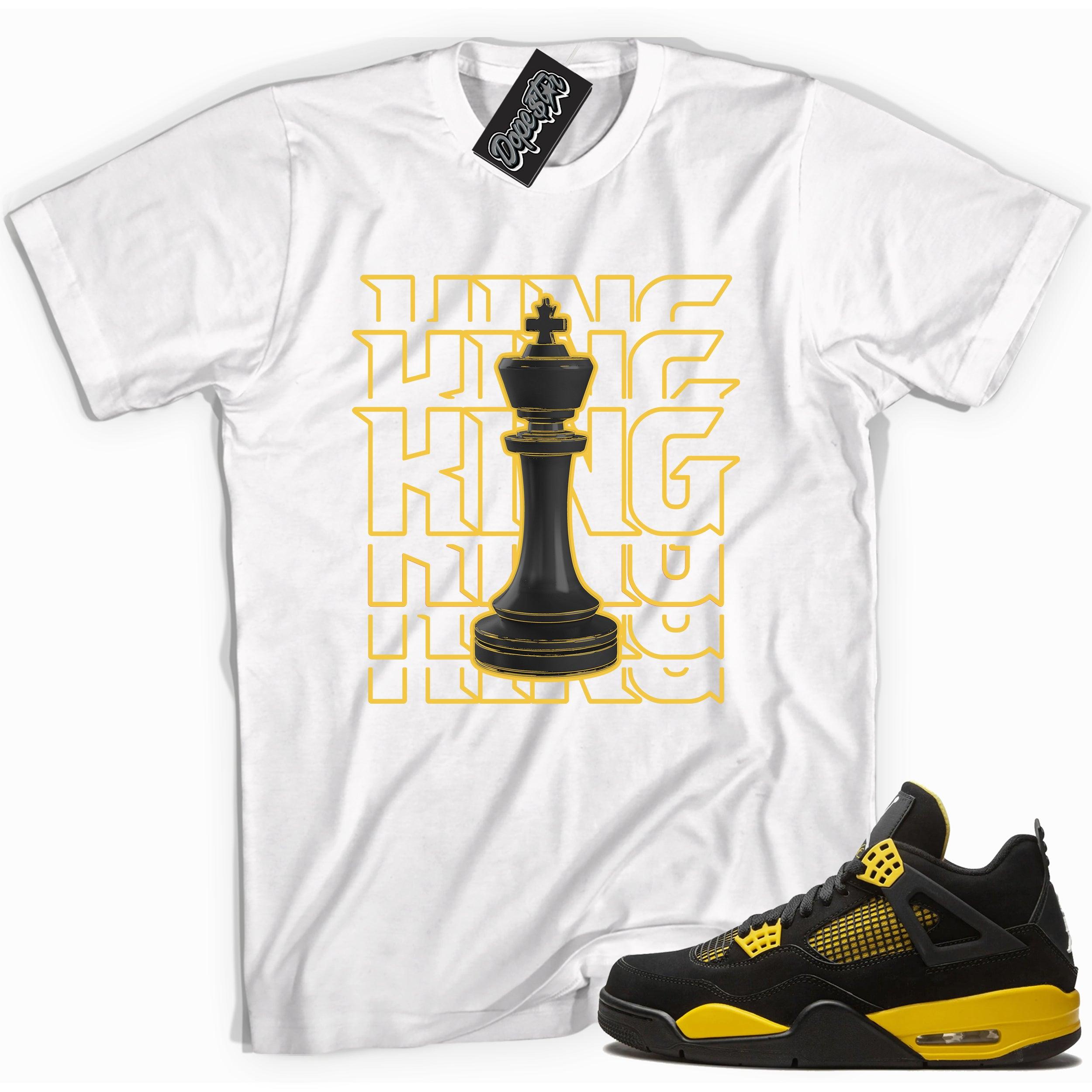 Cool white graphic tee with 'King chess piece' print, that perfectly matches Air Jordan 4 Thunder sneakers