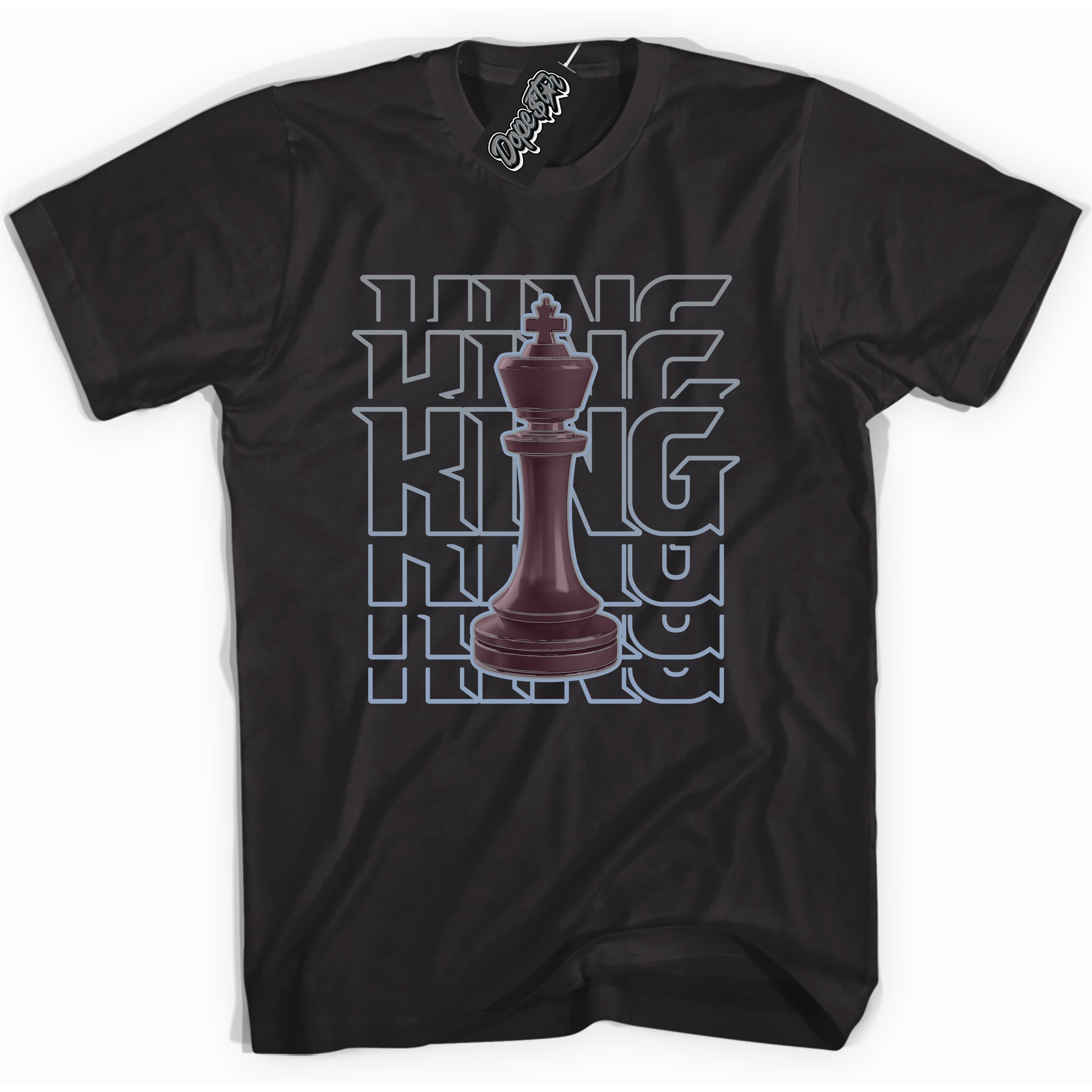 Cool Black Shirt with “ King Chess” design that perfectly matches Burgundy 5s Sneakers.