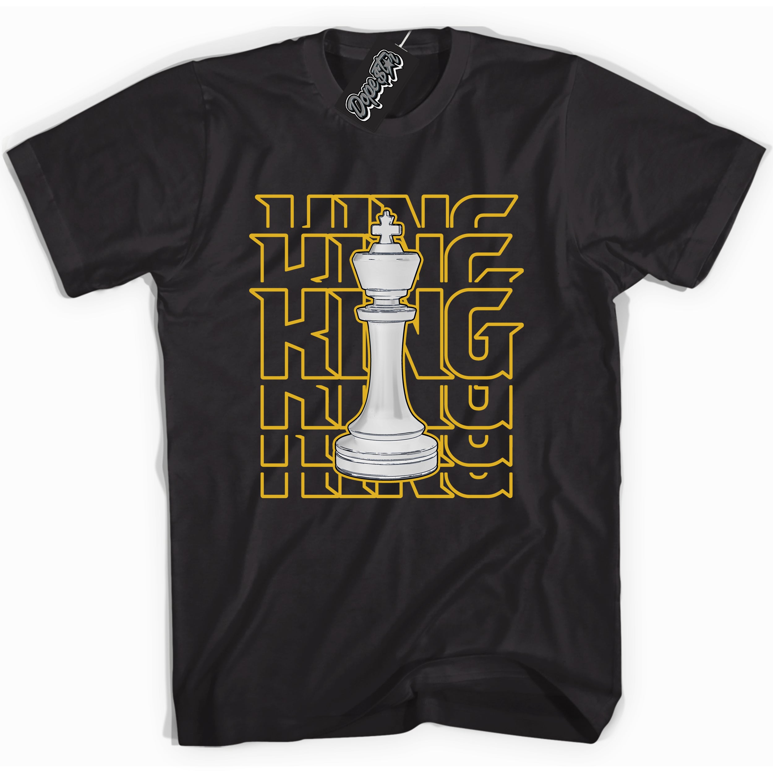 Cool Black Shirt with “ King Chess ” design that perfectly matches Yellow Ochre 6s Sneakers.