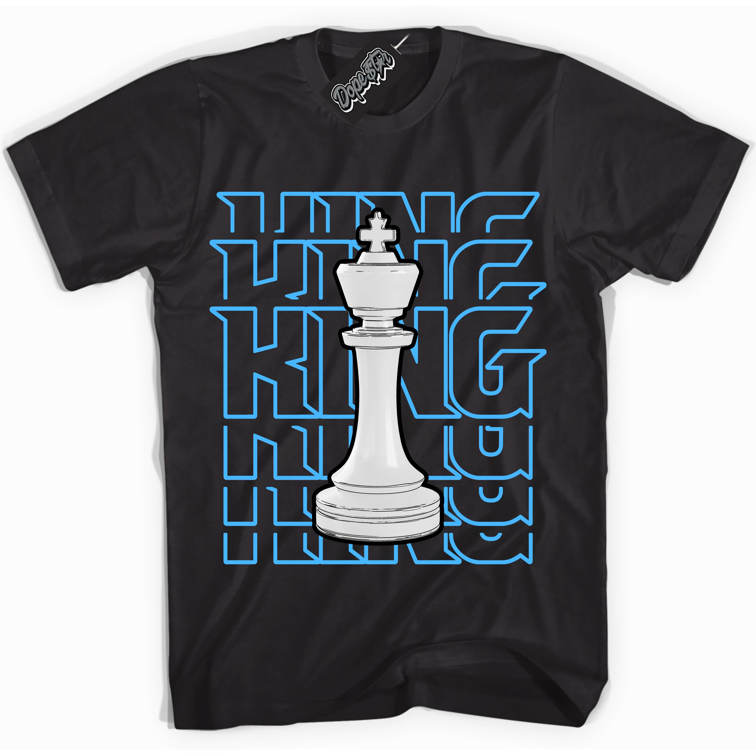 Cool Black graphic tee with “ King Chess ” design, that perfectly matches Powder Blue 9s sneakers 
