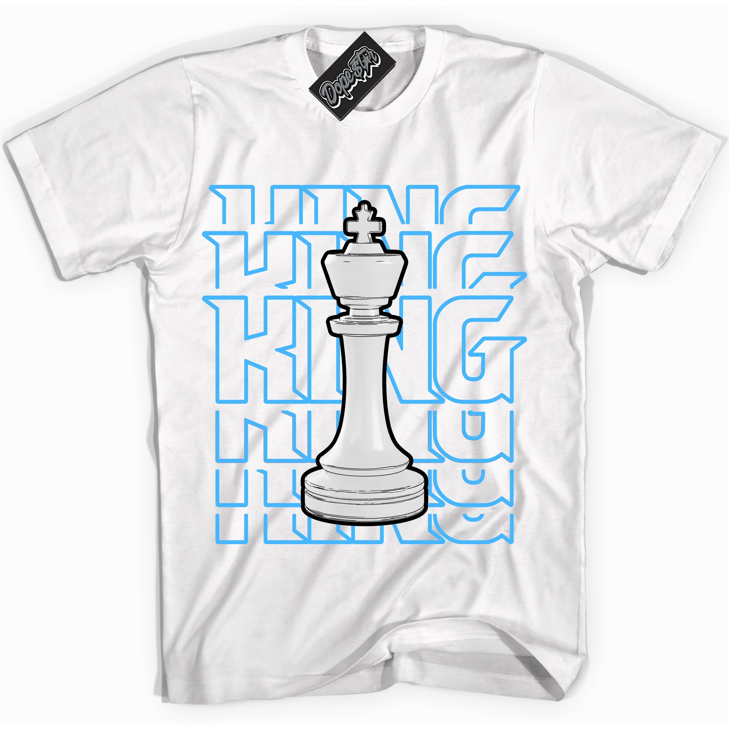 Cool White graphic tee with “ King Chess ” design, that perfectly matches Powder Blue 9s sneakers 