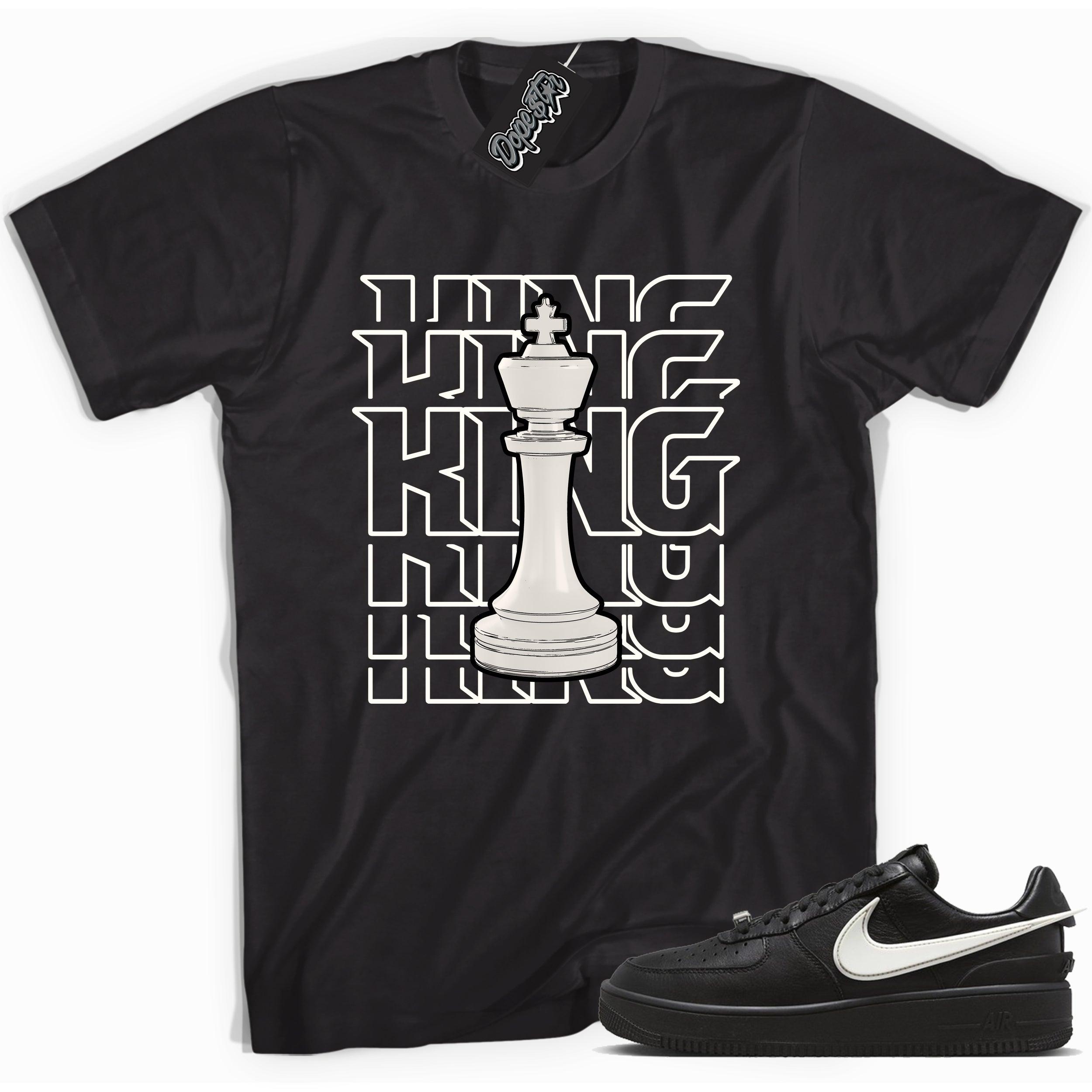 Cool black graphic tee with 'king piece' print, that perfectly matches Nike Air Force 1 Low SP Ambush Phantom sneakers.