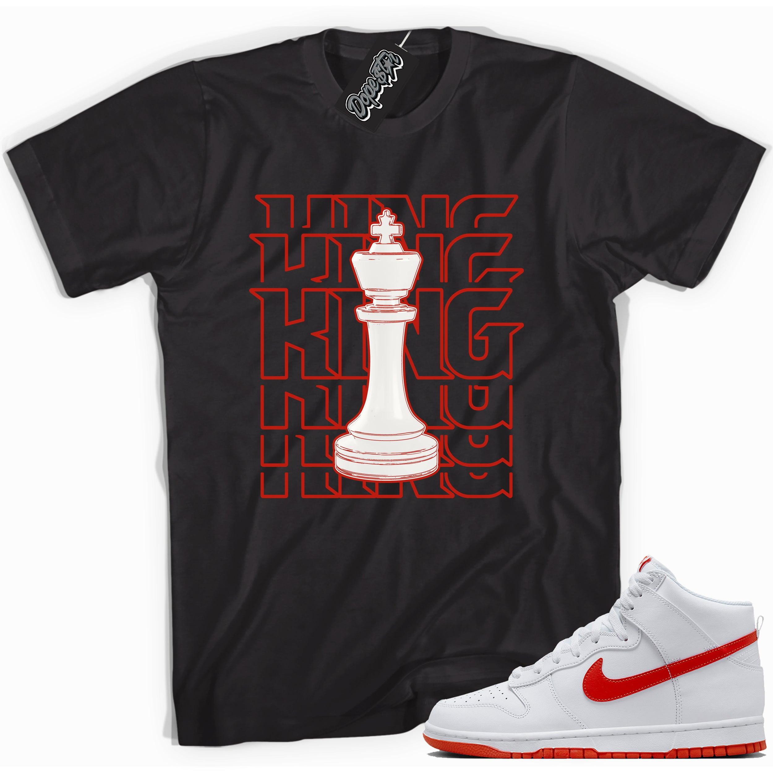 Cool black graphic tee with 'King' print, that perfectly matches Nike Dunk High White Picante Red sneakers.
