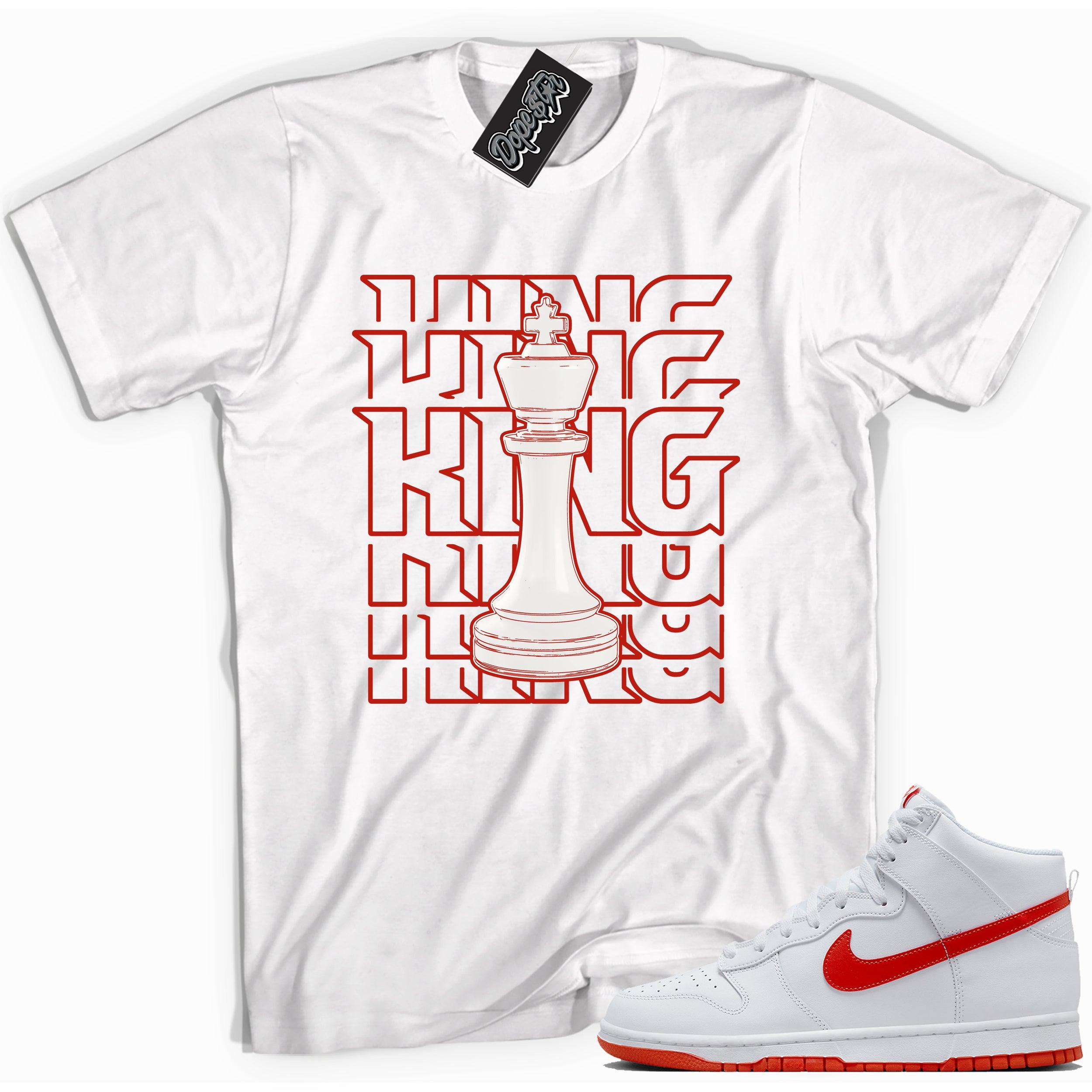 Cool white graphic tee with 'King' print, that perfectly matches Nike Dunk High White Picante Red sneakers.