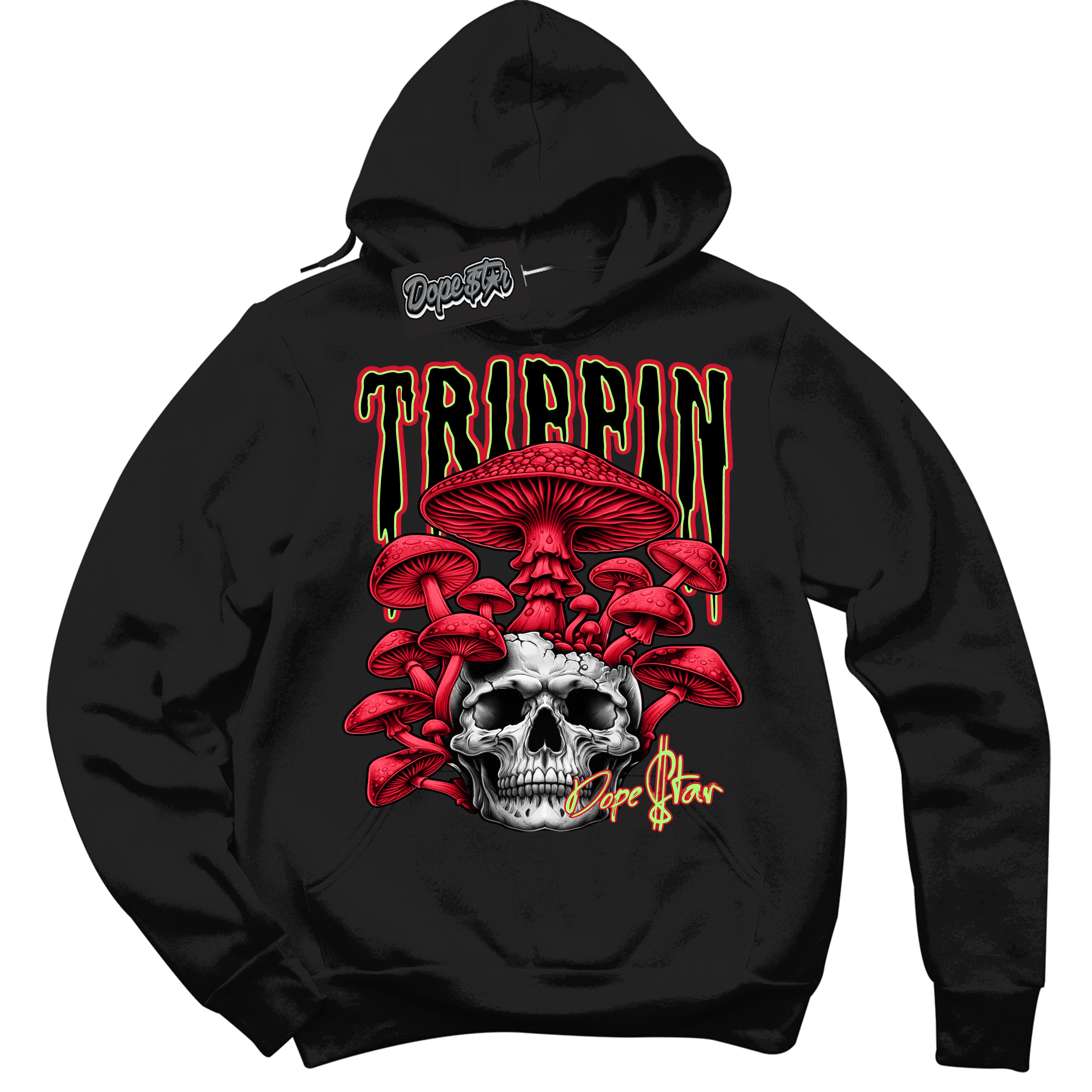 Cool Black Hoodie with “Trippin” design that Perfectly Matches Reverse Grinch 6s Sneakers.