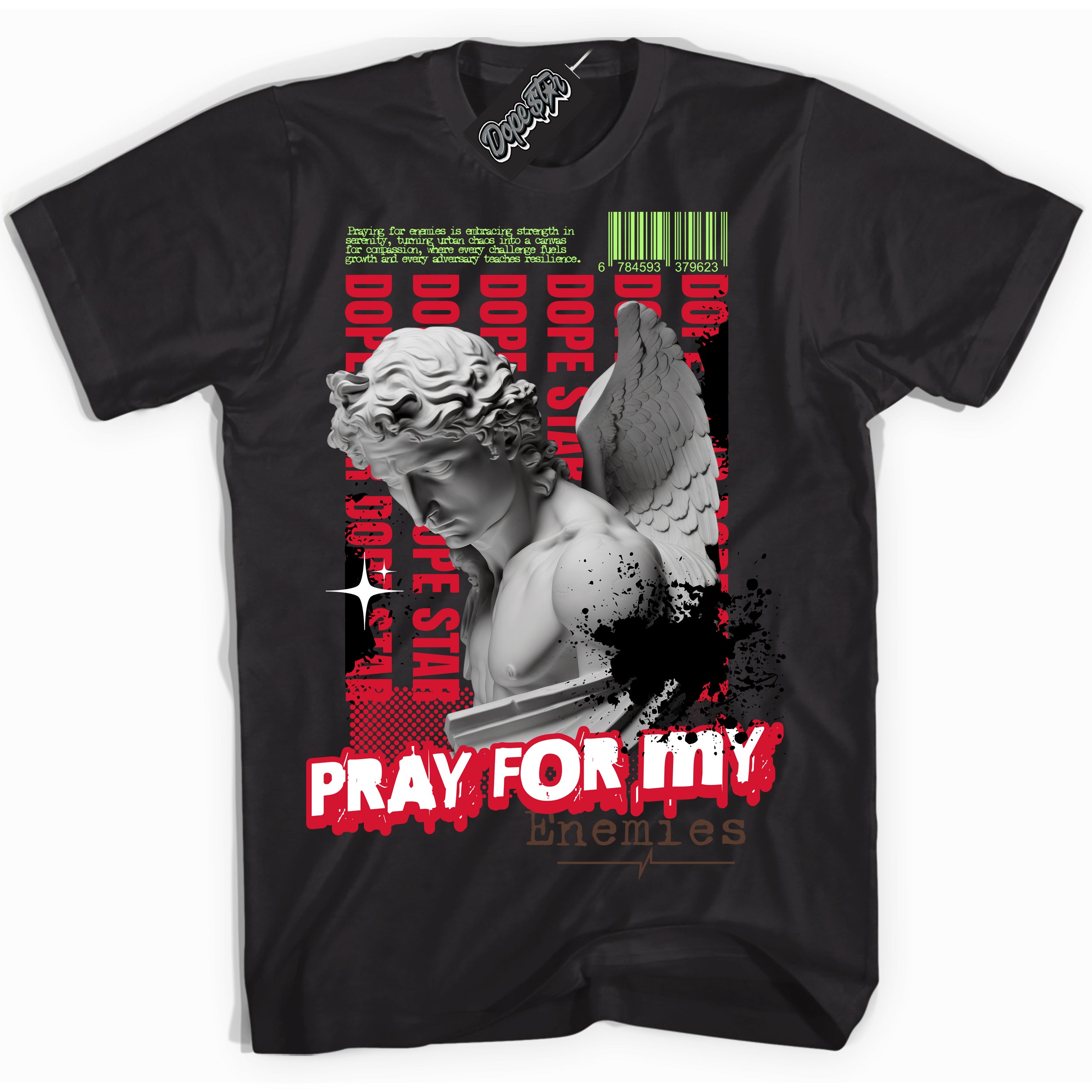 Cool Black Shirt with “ Pray Enemies” design that perfectly matches Reverse Grinch 6s Sneakers.