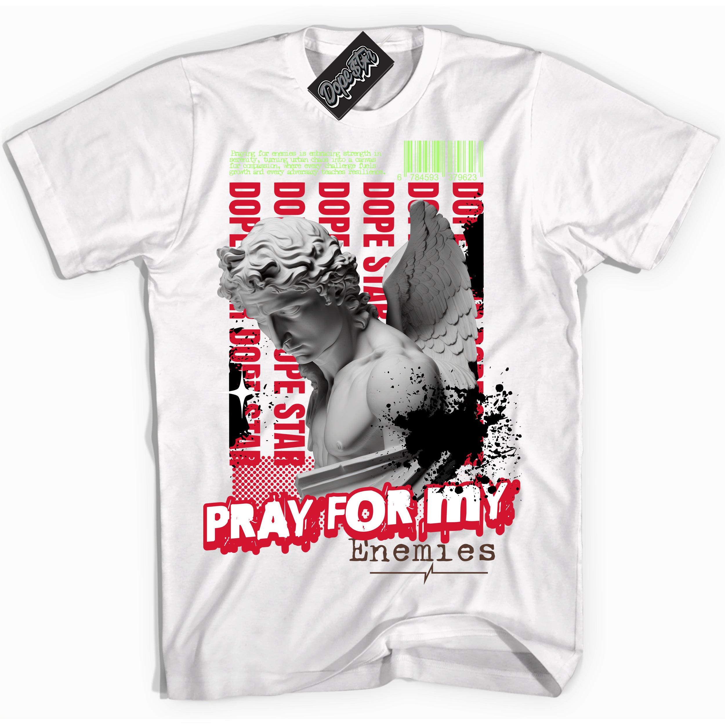 Cool White Shirt with “ Pray Enemies” design that perfectly matches Reverse Grinch 6s Sneakers.