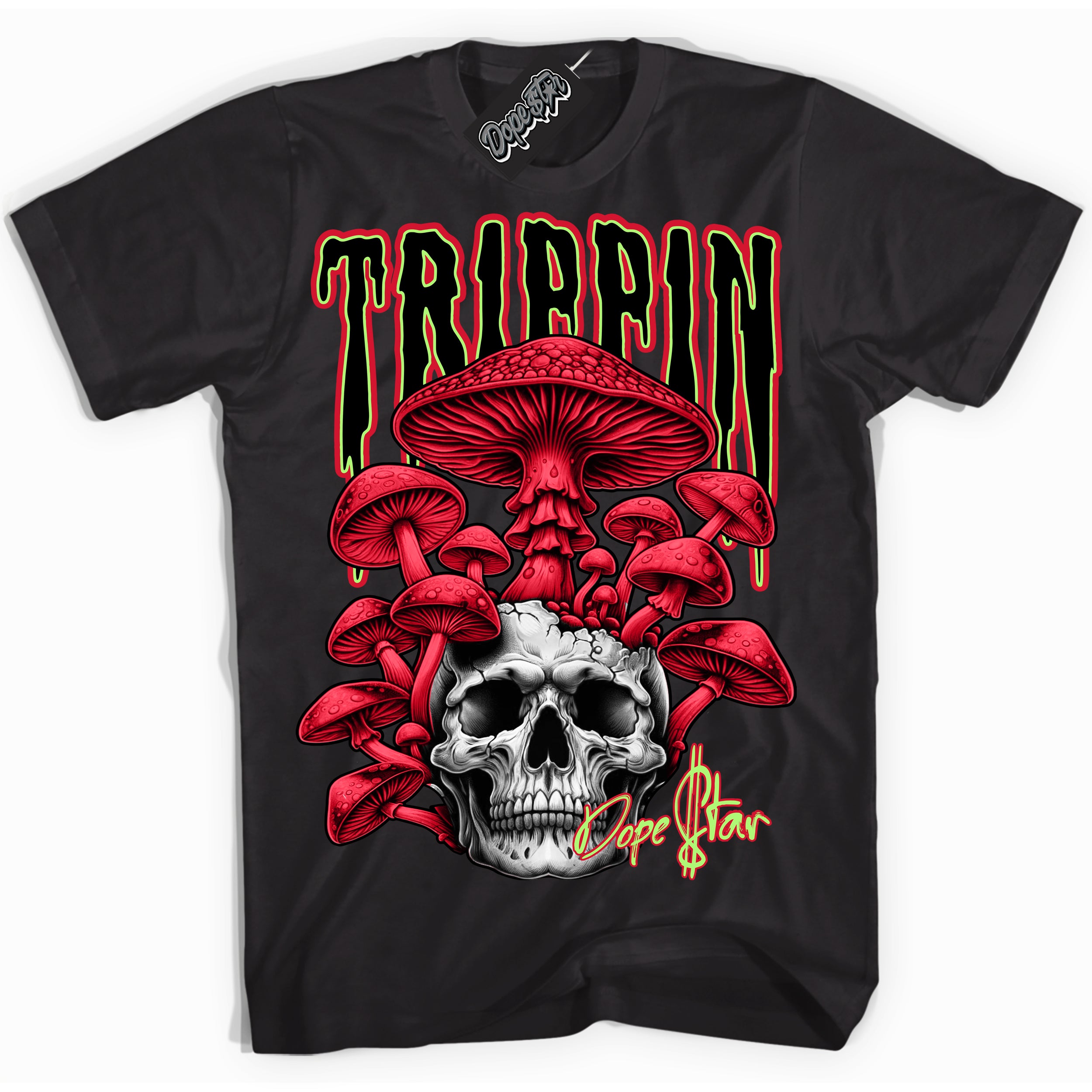 Cool Black Shirt with “Trippin” design that perfectly matches the Reverse Grinch 6s Sneakers.