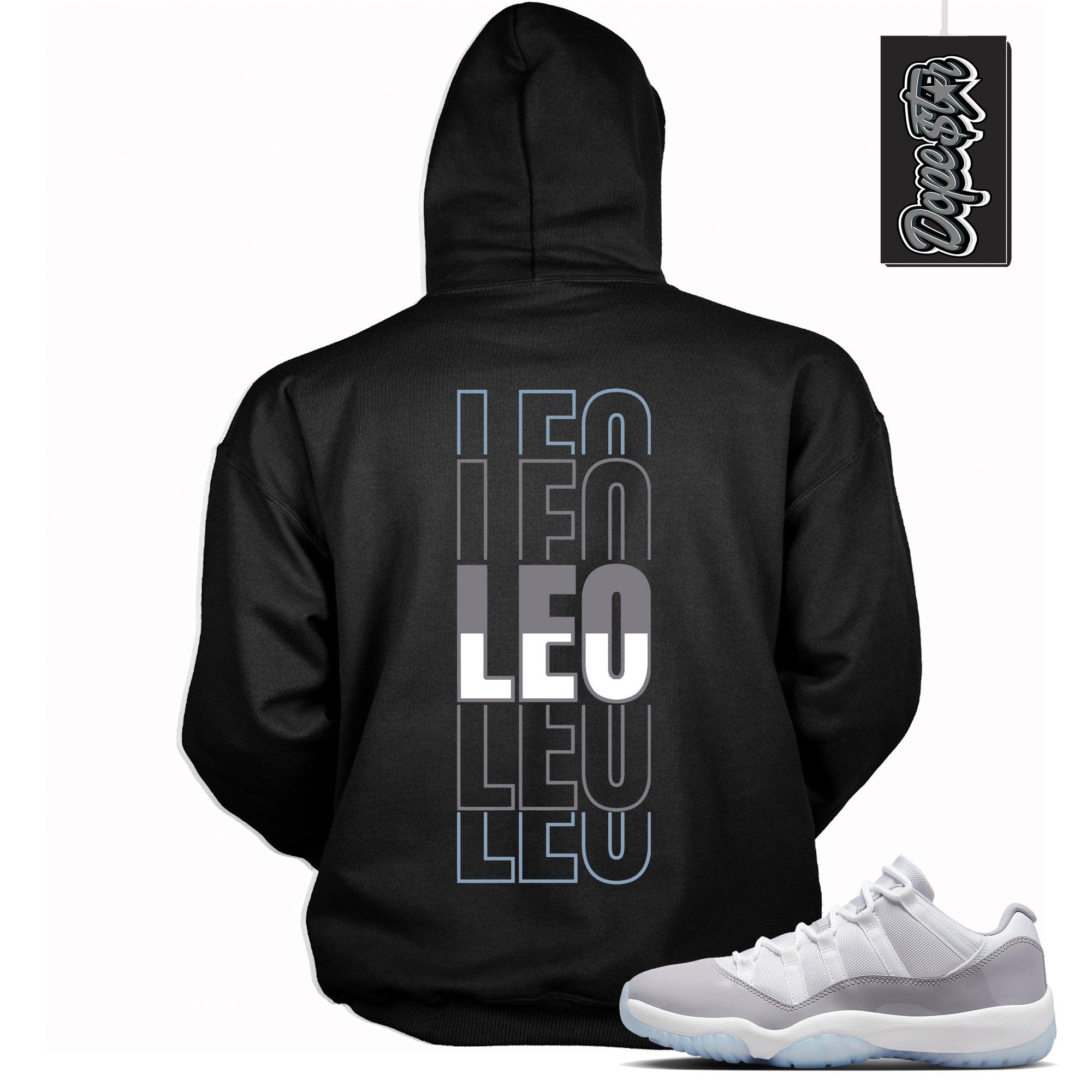 Cool Black Graphic Hoodie with “ LEO  “ print, that perfectly matches Air Jordan 11 Retro Low Cement Grey sneakers