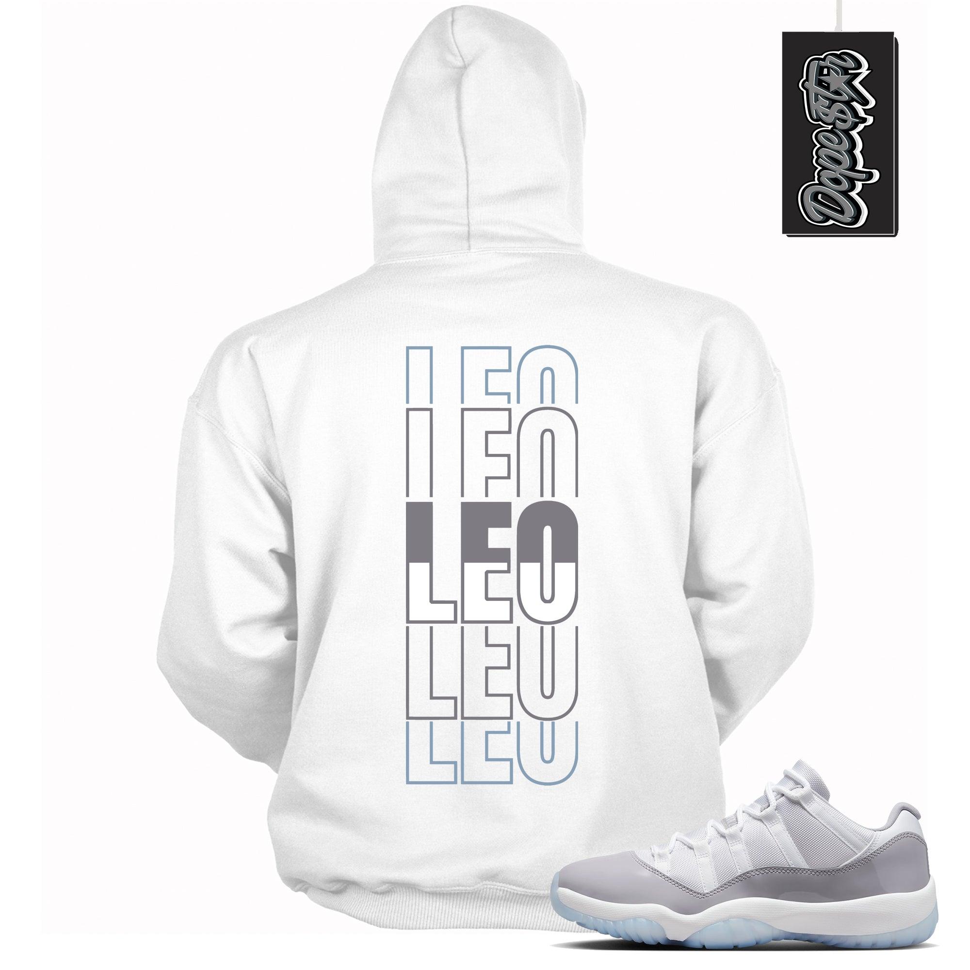 Cool White Graphic Hoodie with “ LEO “ print, that perfectly matches Air Jordan 11 Retro Low Cement Grey sneakers