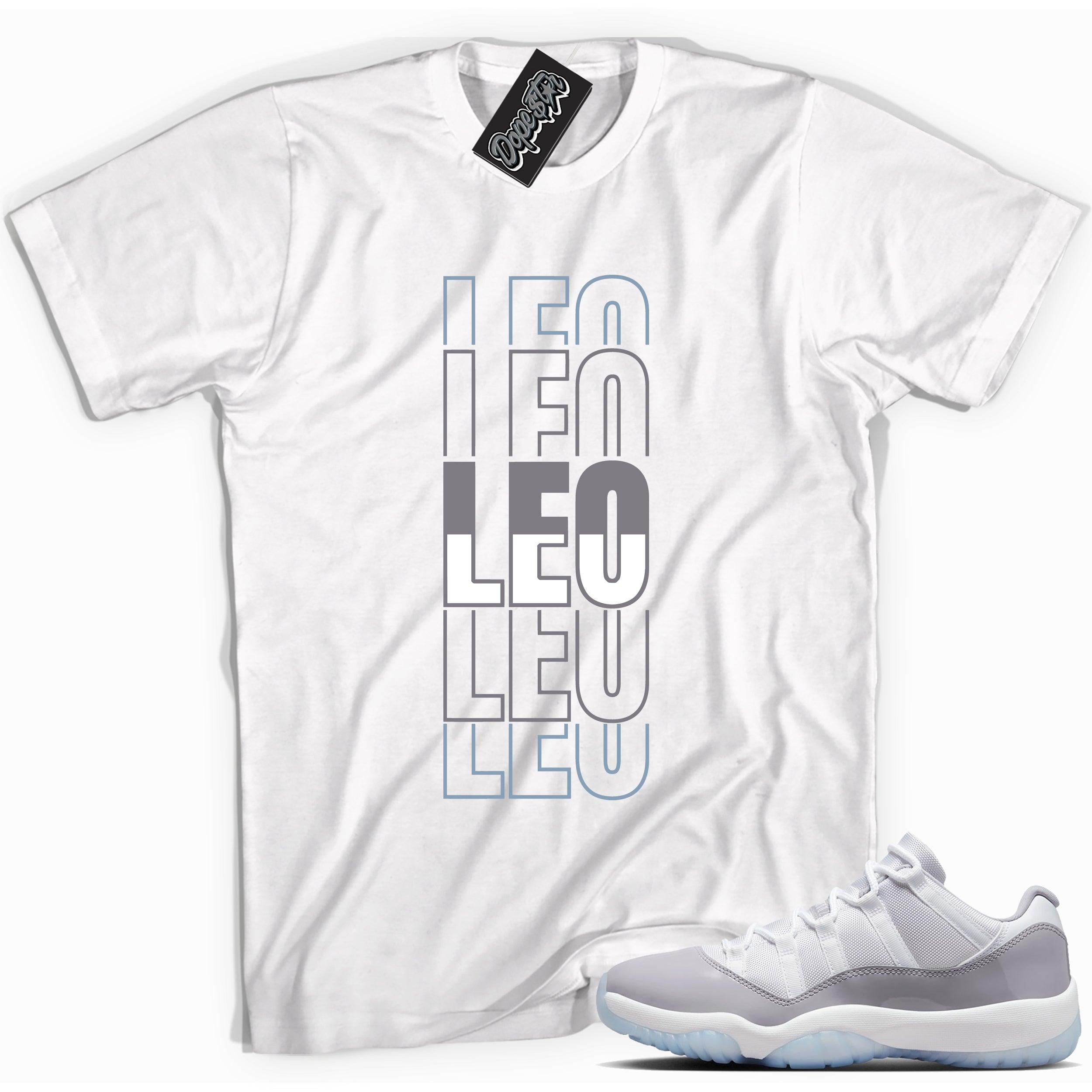 Cool White graphic tee with “ LEO ” print, that perfectly matches Air Jordan 11 Retro Low Cement Grey sneakers 