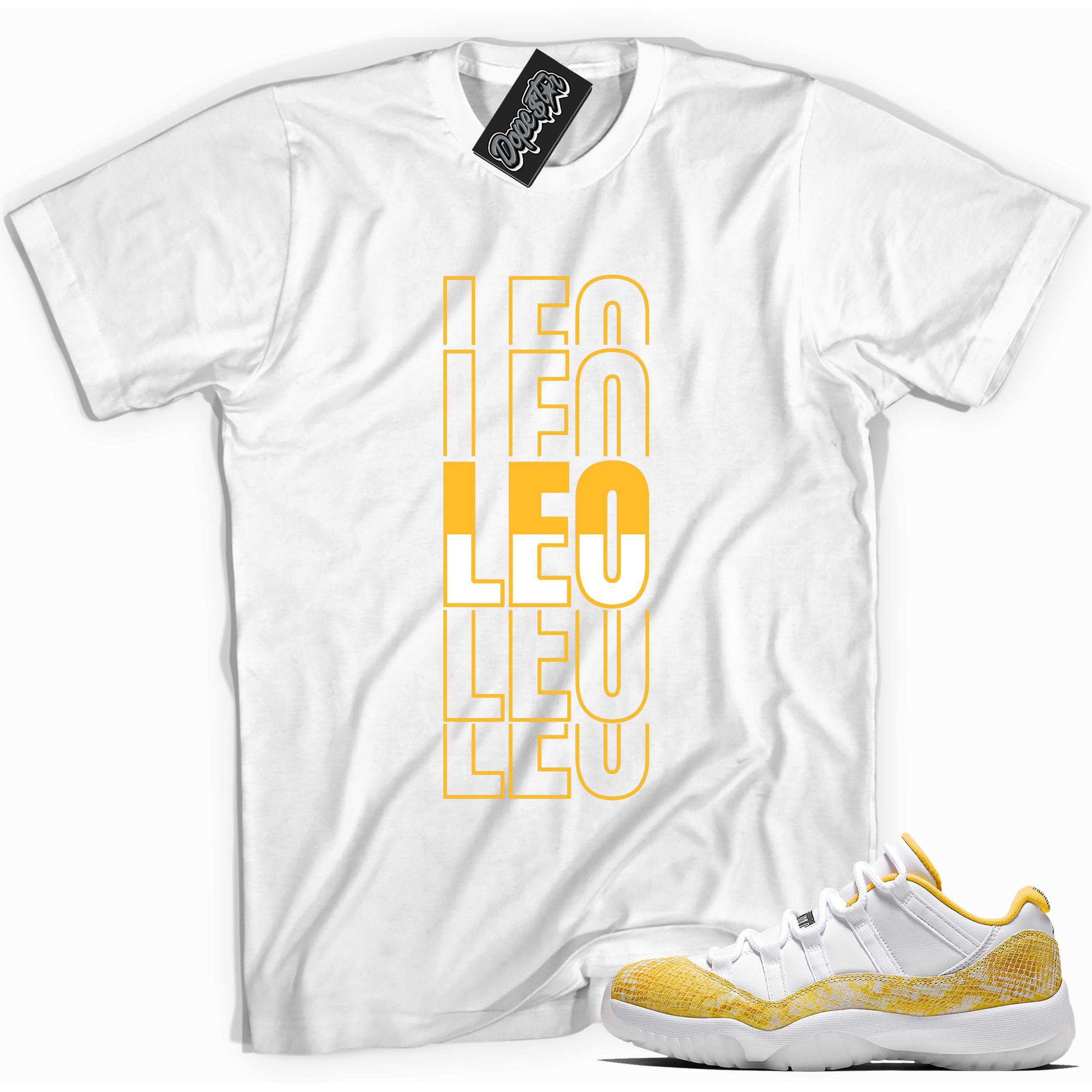 Cool white graphic tee with 'leo' print, that perfectly matches Air Jordan 11 Retro Low Yellow Snakeskin sneakers