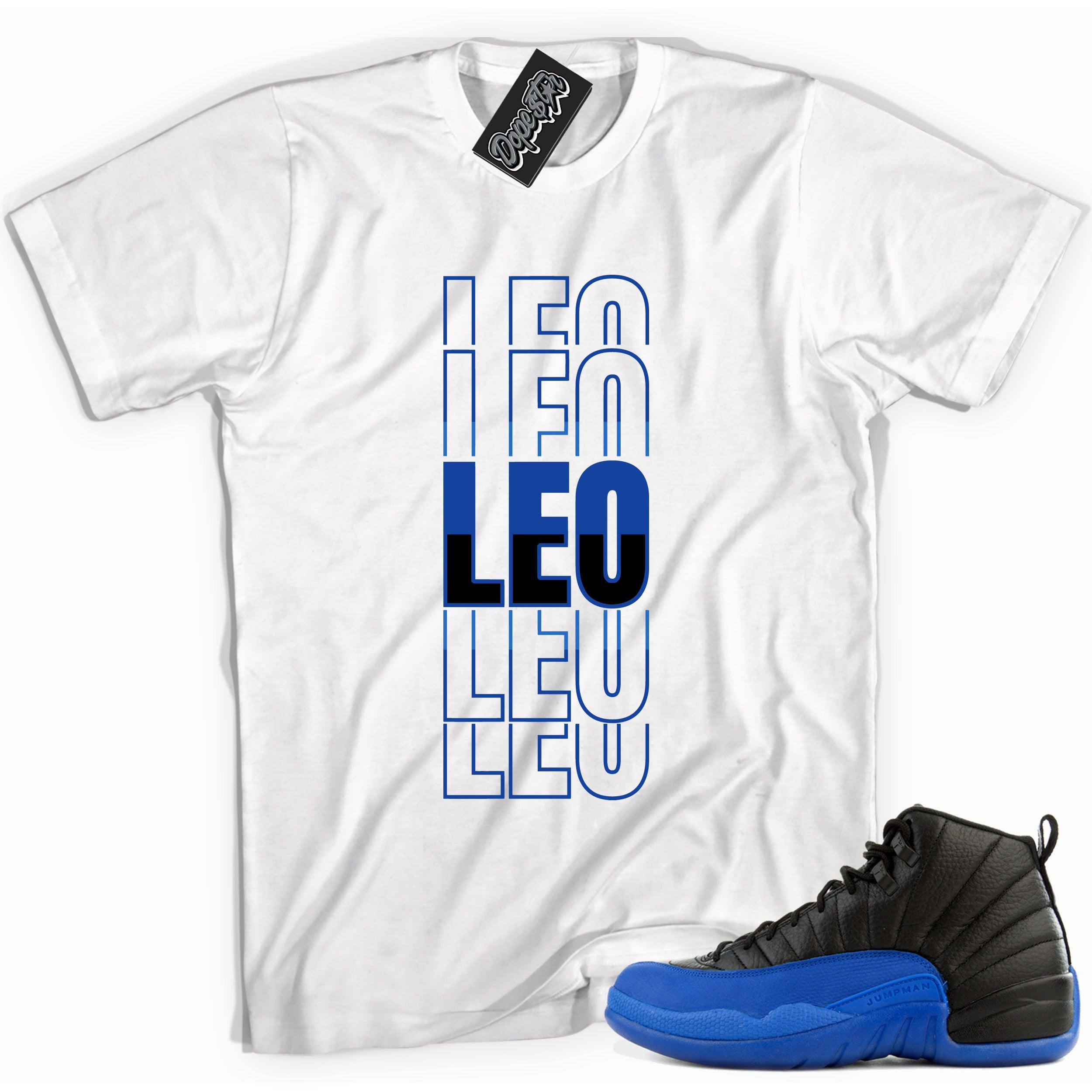 Cool white graphic tee with 'leo' print, that perfectly matches Air Jordan 12 Retro Black Game Royal sneakers.