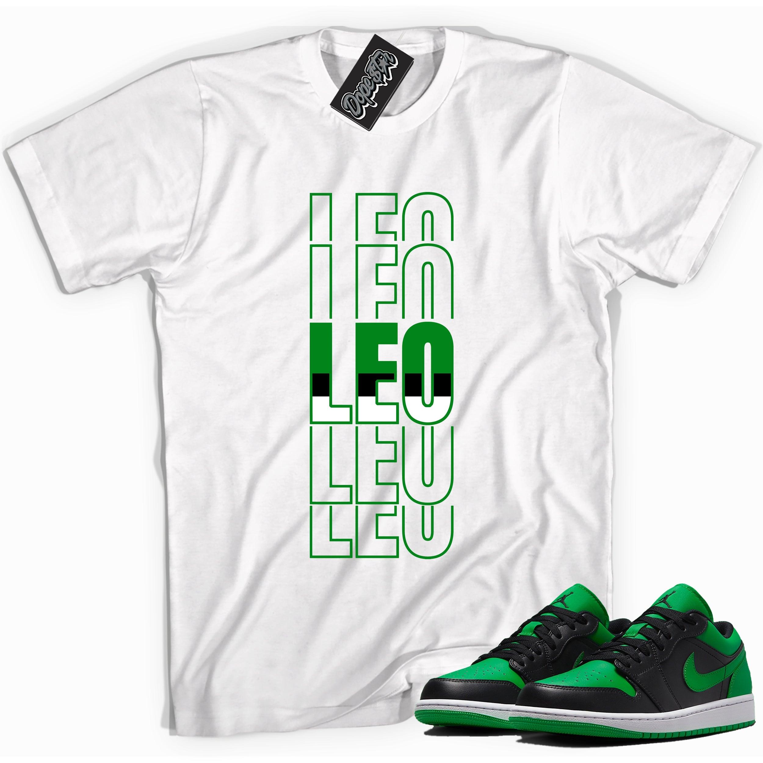Cool white graphic tee with 'Leo' print, that perfectly matches Air Jordan 1 Low Lucky Green sneakers