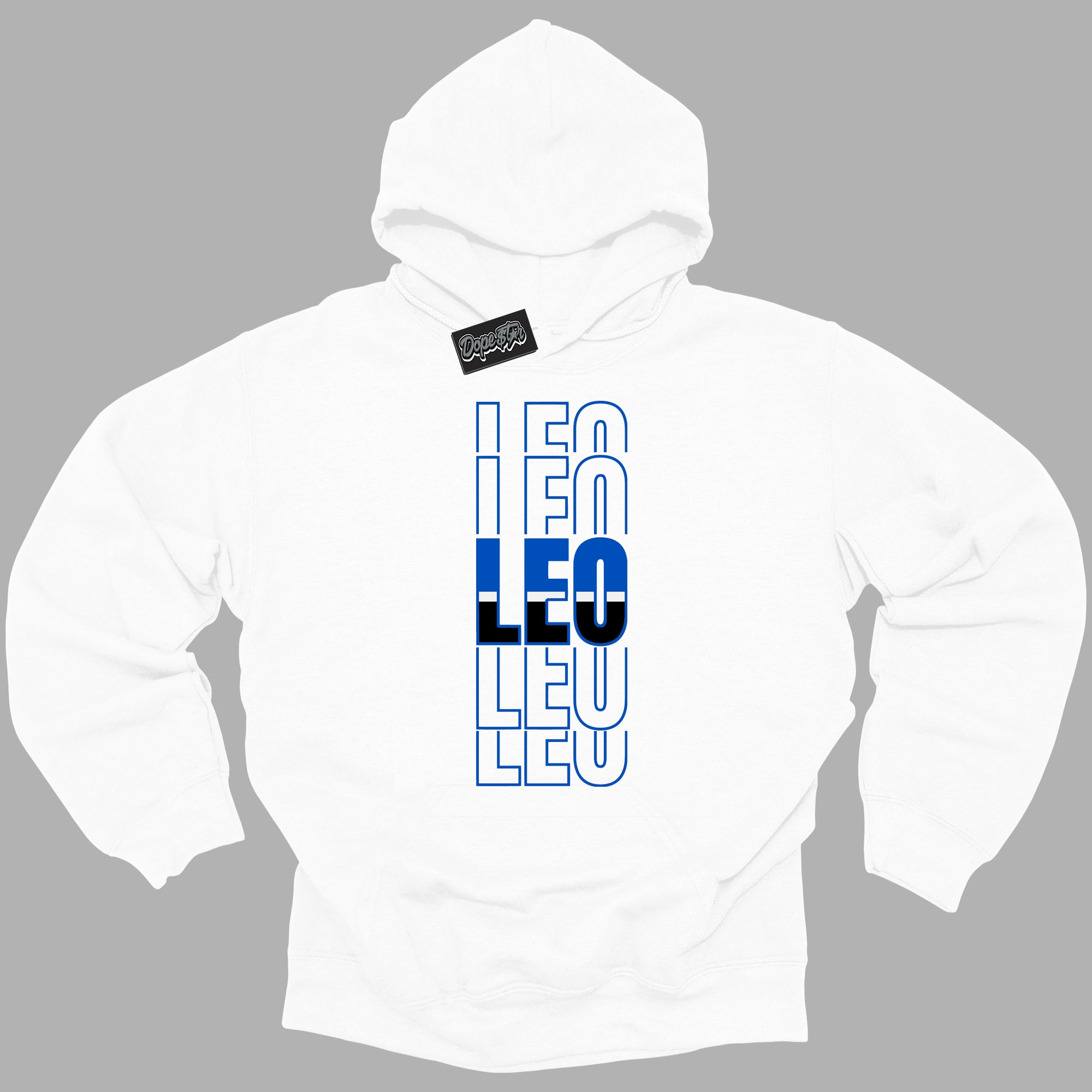 Cool White Hoodie with “ Leo ”  design that Perfectly Matches Royal Reimagined 1s Sneakers.