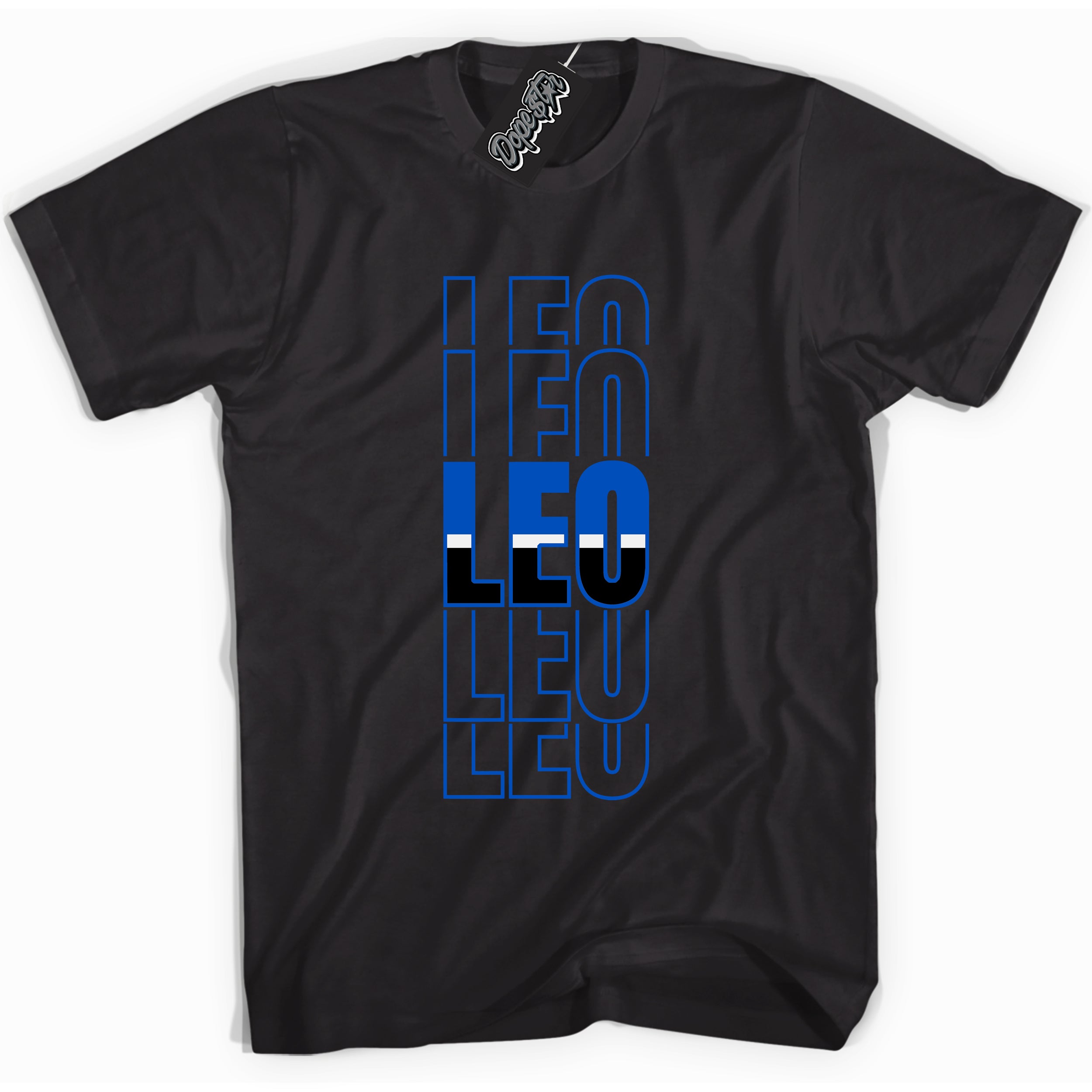 Cool Black graphic tee with "Leo" design, that perfectly matches Royal Reimagined 1s sneakers 