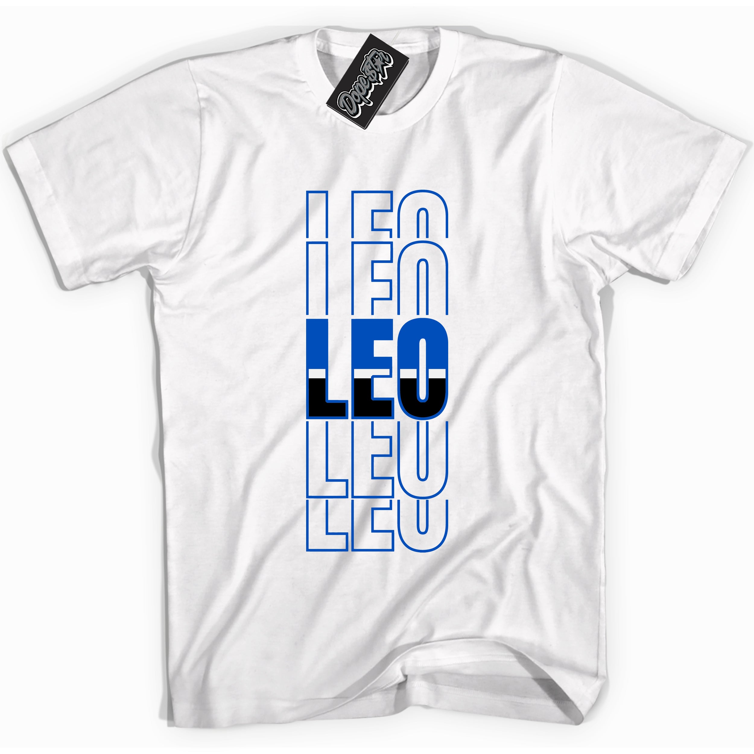 Cool White graphic tee with "Leo" design, that perfectly matches Royal Reimagined 1s sneakers 