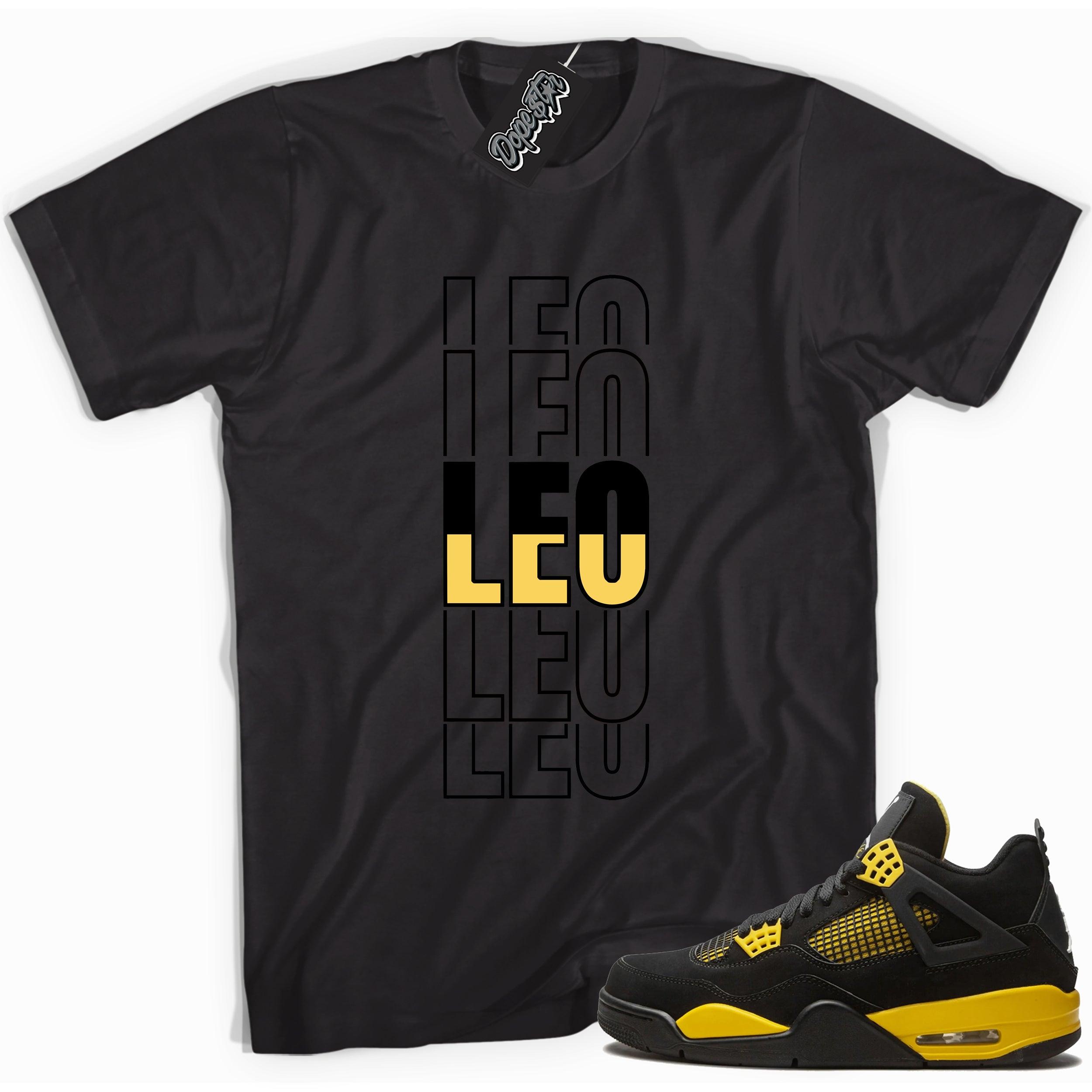 Cool black graphic tee with 'leo' print, that perfectly matches  Air Jordan 4 Thunder sneakers