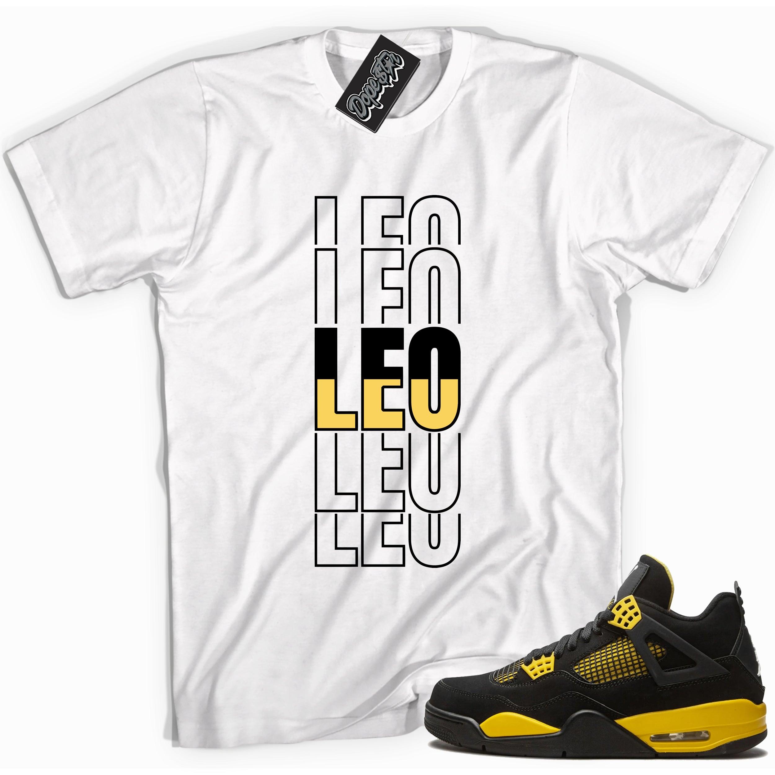 Cool white graphic tee with 'leo' print, that perfectly matches Air Jordan 4 Thunder sneakers