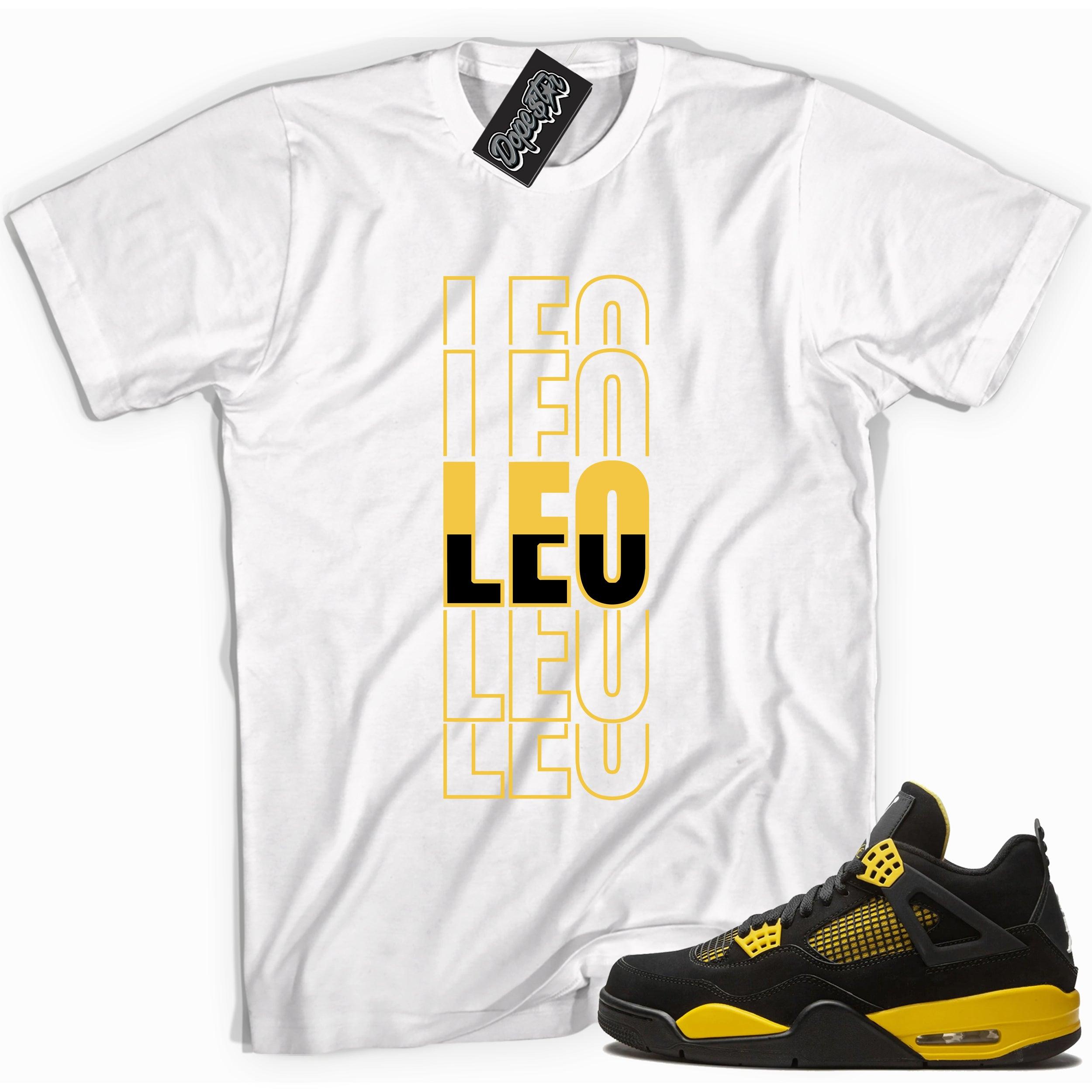 Cool white graphic tee with 'leo' print, that perfectly matches Air Jordan 4 Thunder sneakers