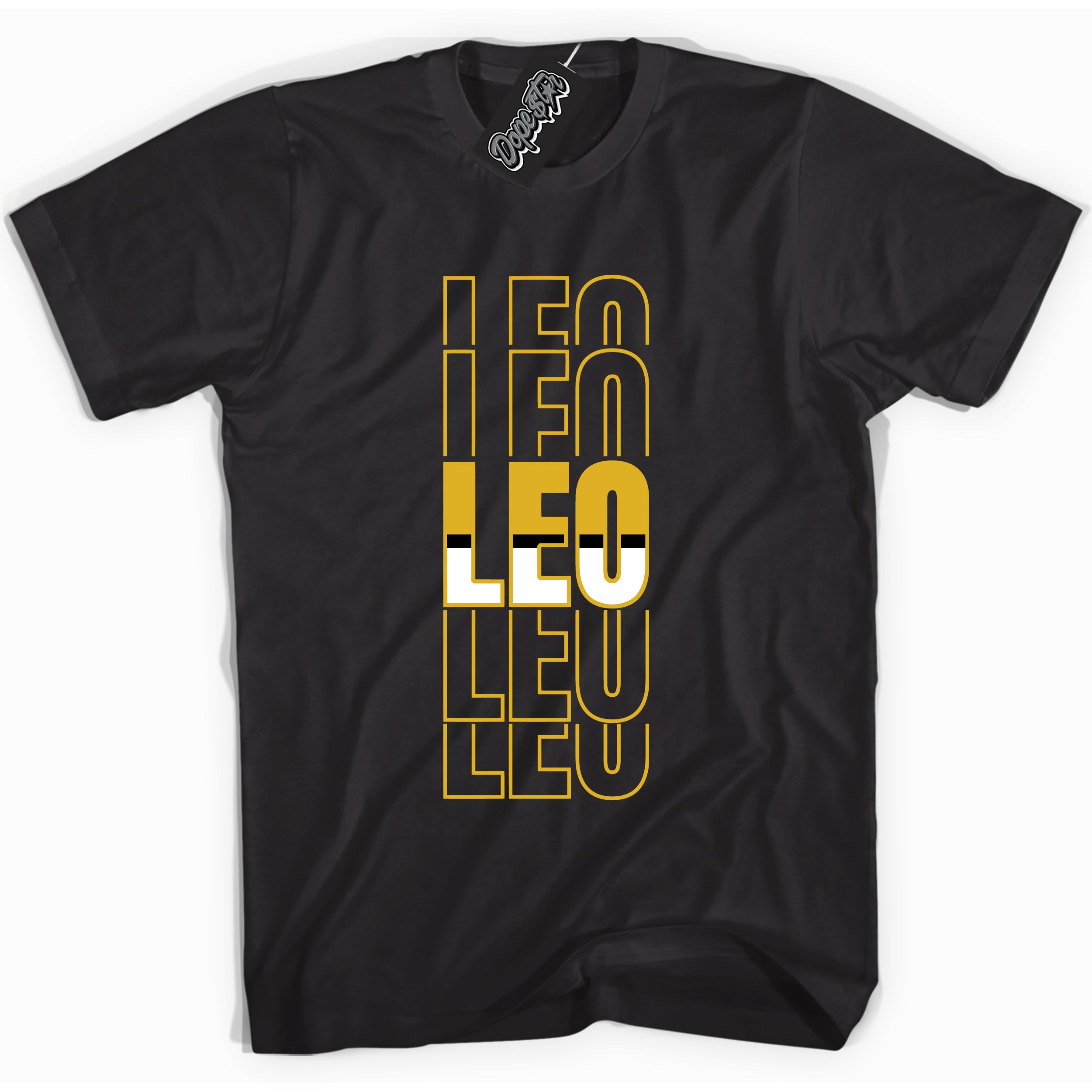 Cool Black Shirt with “ Leo ” design that perfectly matches Yellow Ochre 6s Sneakers.