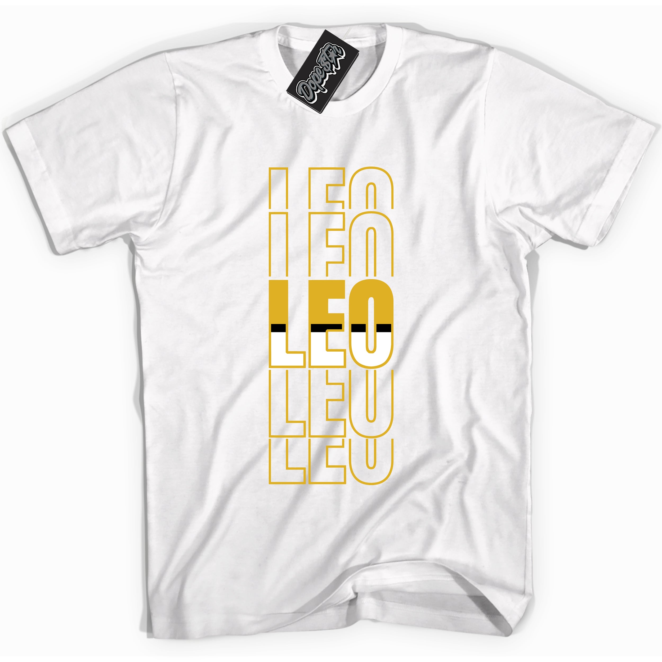 Cool White Shirt with “ Leo” design that perfectly matches Yellow Ochre 6s Sneakers.