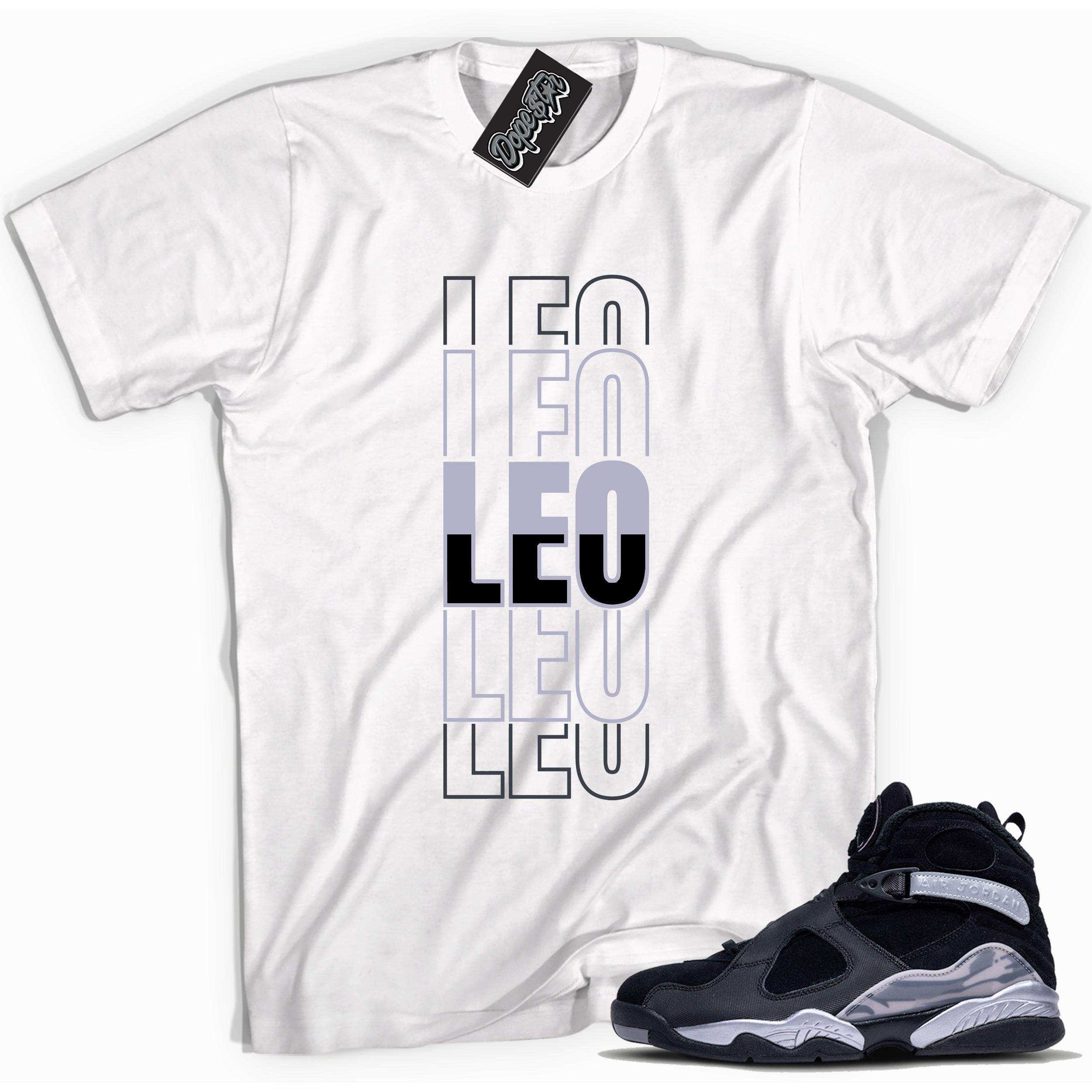 Cool White graphic tee with “ LEO ” print, that perfectly matches Air Jordan 8 Winterized sneakers 