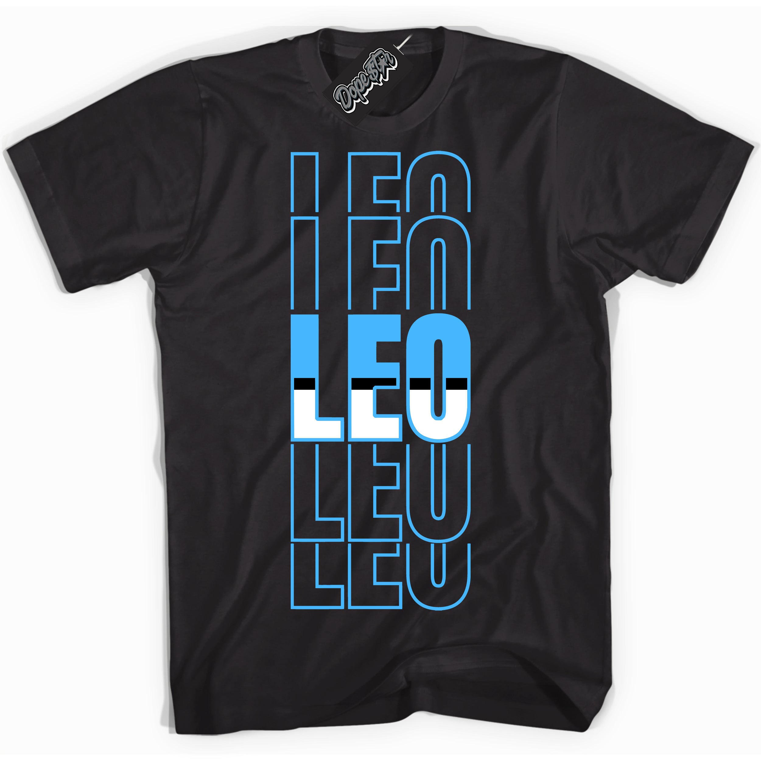 Cool Black graphic tee with “ Leo ” design, that perfectly matches Powder Blue 9s sneakers 