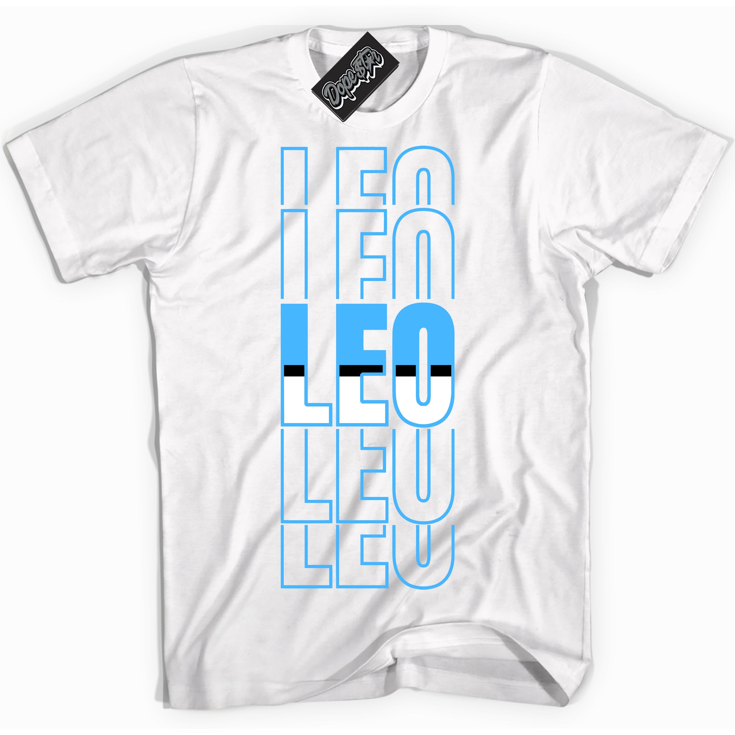Cool White graphic tee with “ Leo ” design, that perfectly matches Powder Blue 9s sneakers 