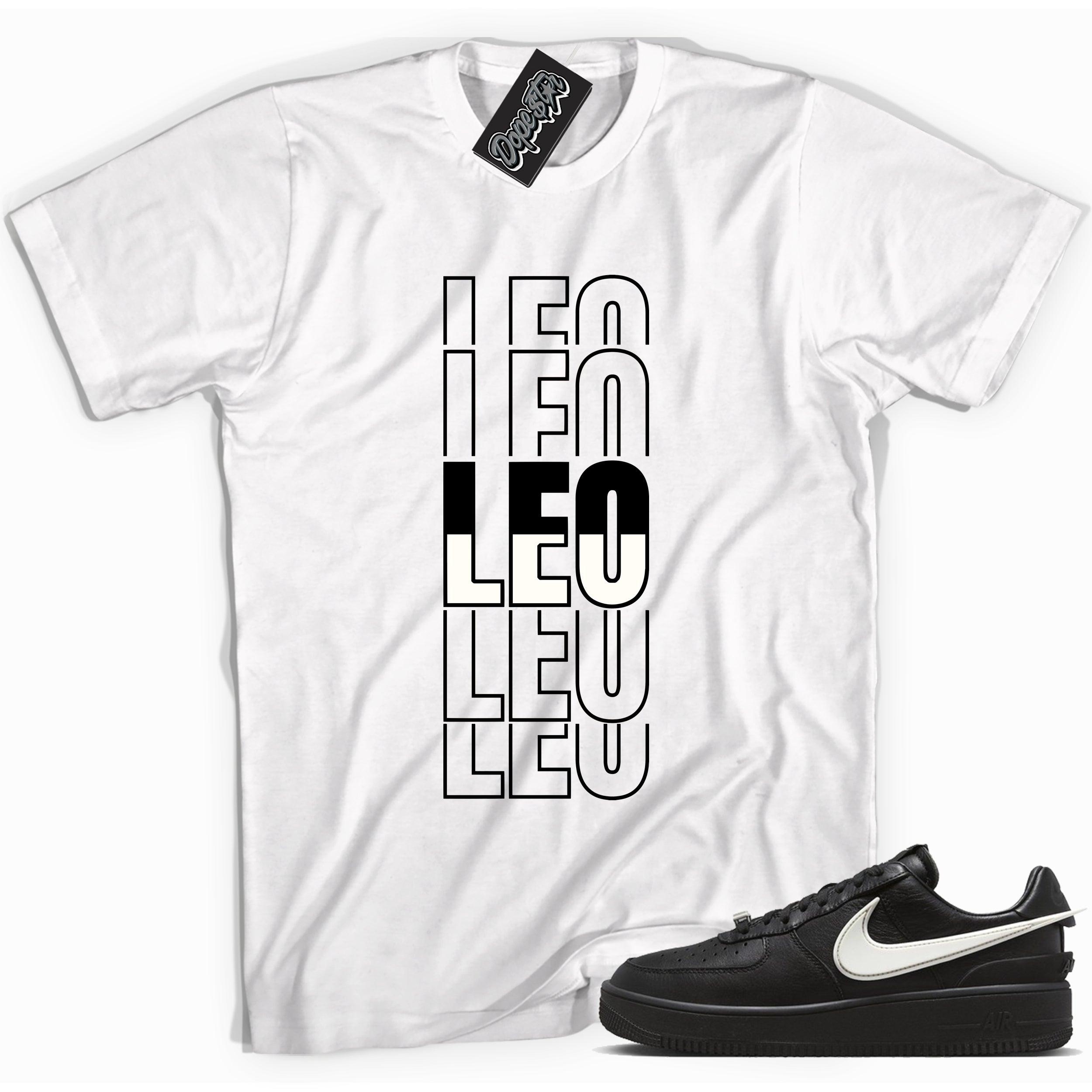 Cool white graphic tee with 'leo' print, that perfectly matches Nike Air Force 1 Low SP Ambush Phantom sneakers.