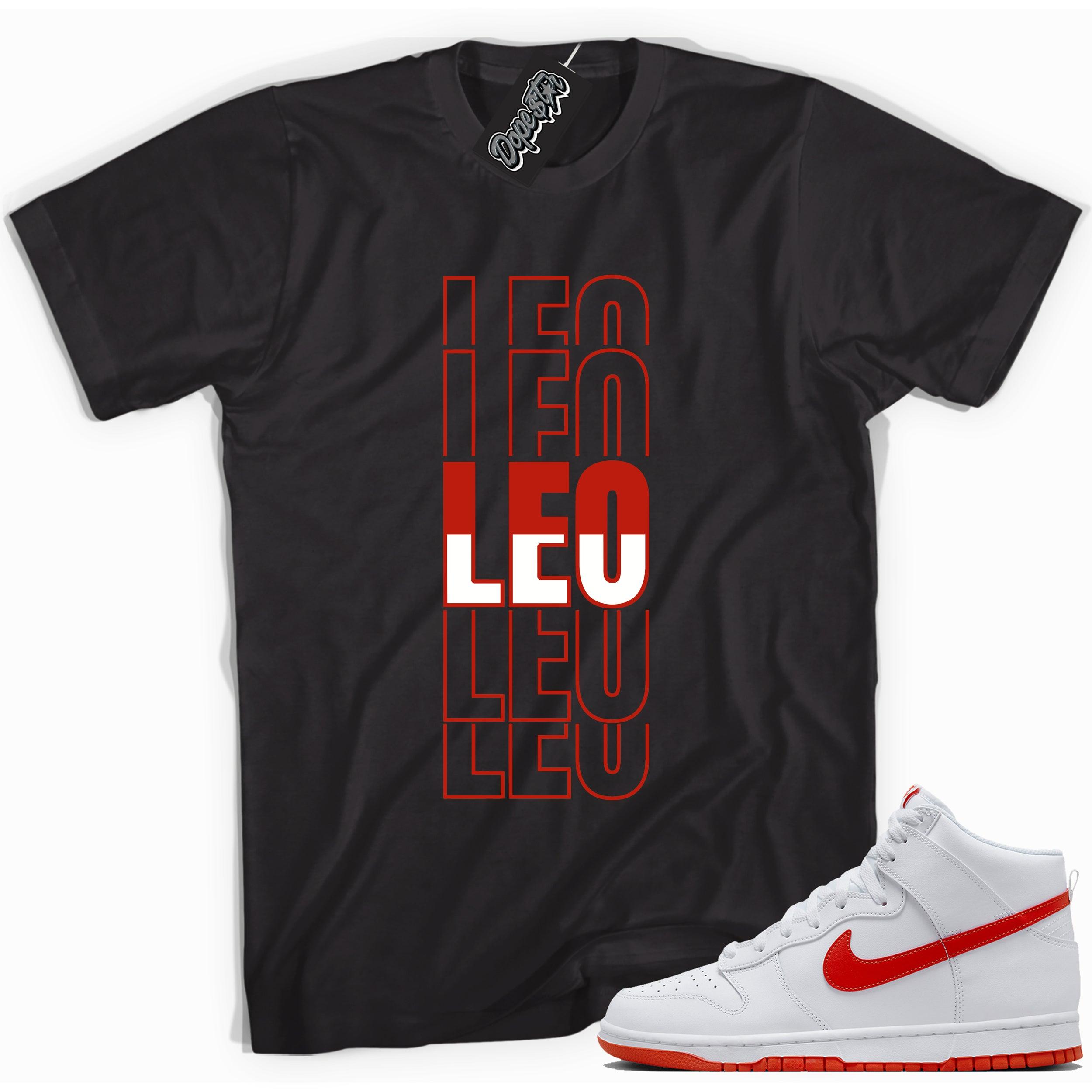 Cool black graphic tee with 'leo' print, that perfectly matches Nike Dunk High White Picante Red sneakers.