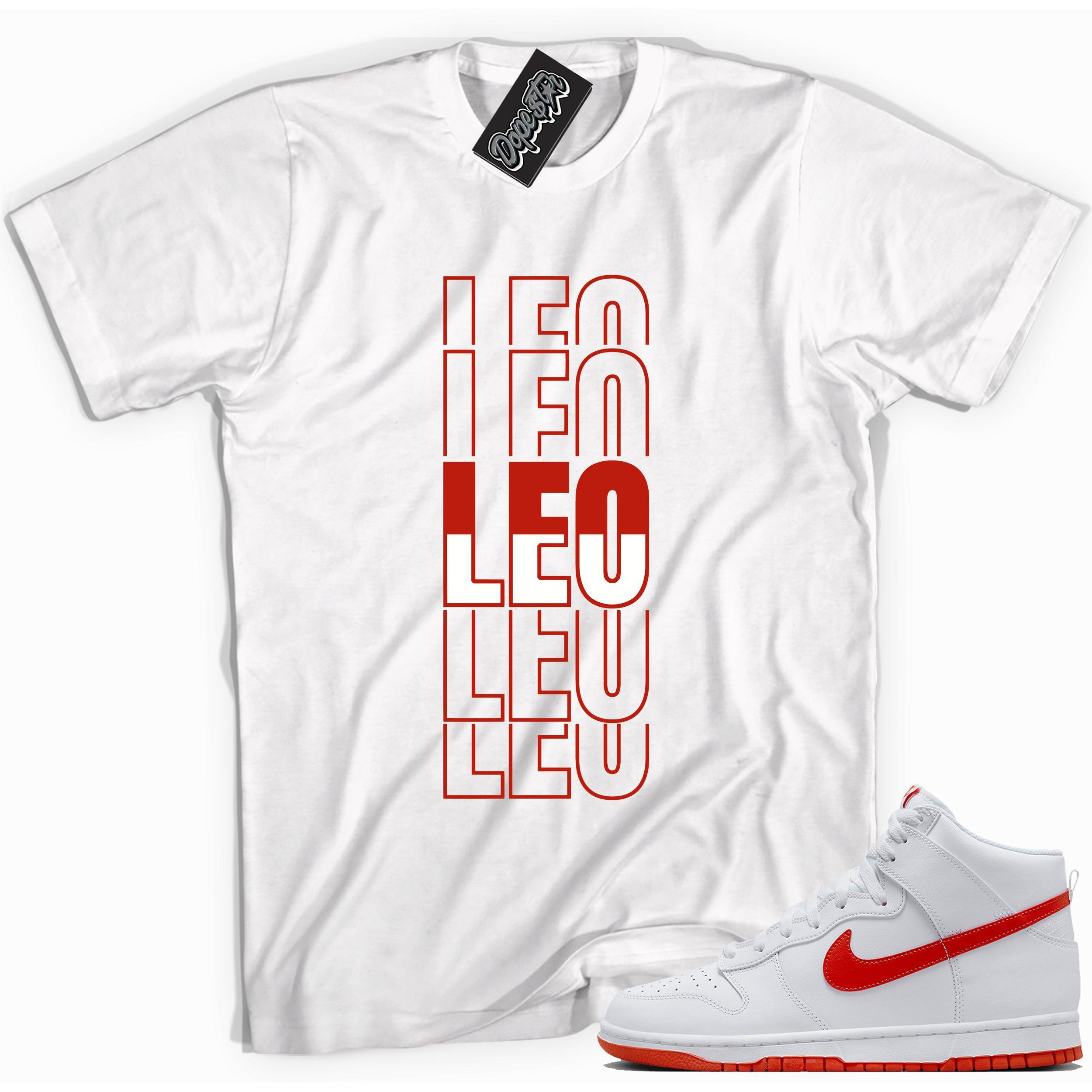 Cool white graphic tee with 'leo' print, that perfectly matches Nike Dunk High White Picante Red sneakers.