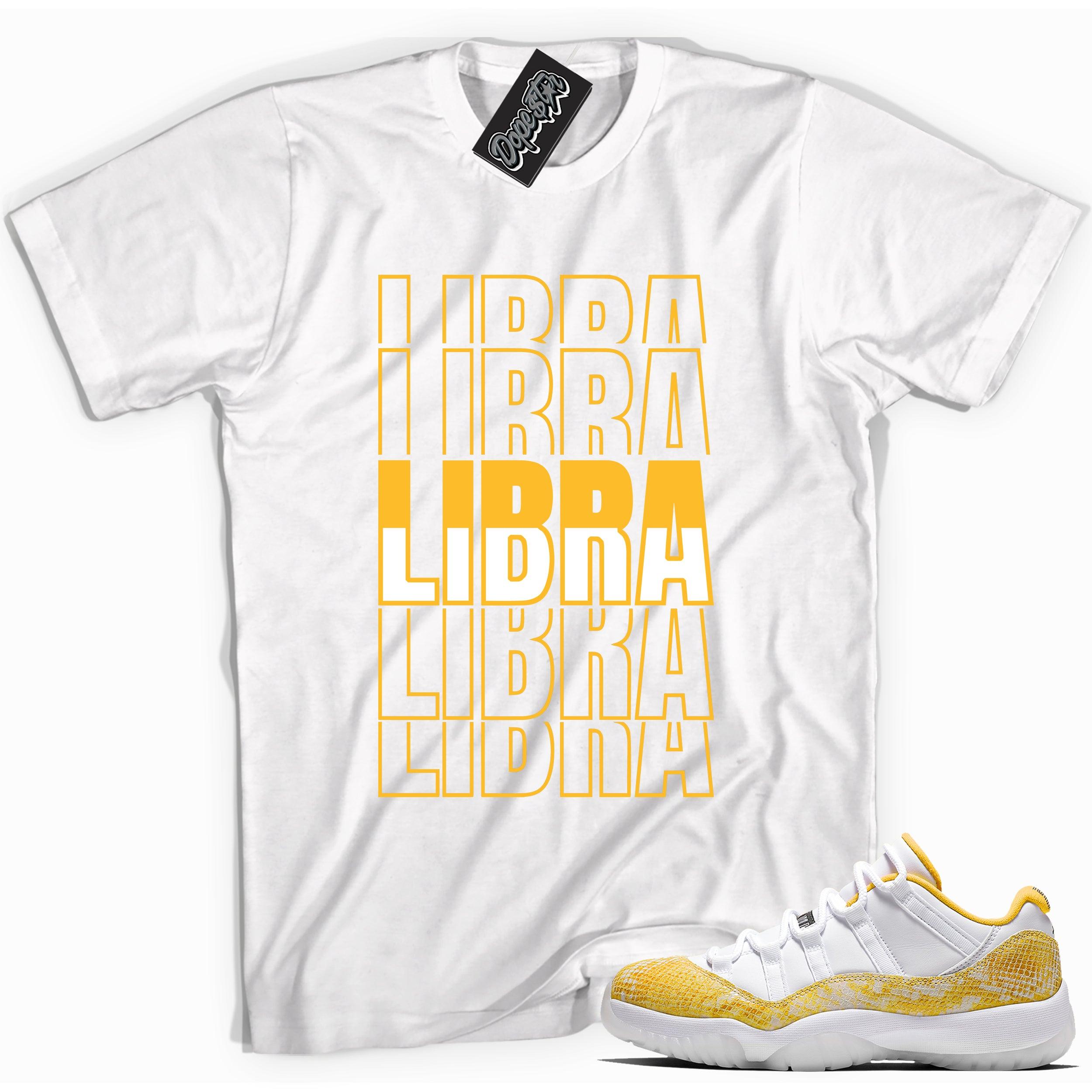 Cool white graphic tee with 'libra' print, that perfectly matches Air Jordan 11 Retro Low Yellow Snakeskin sneakers