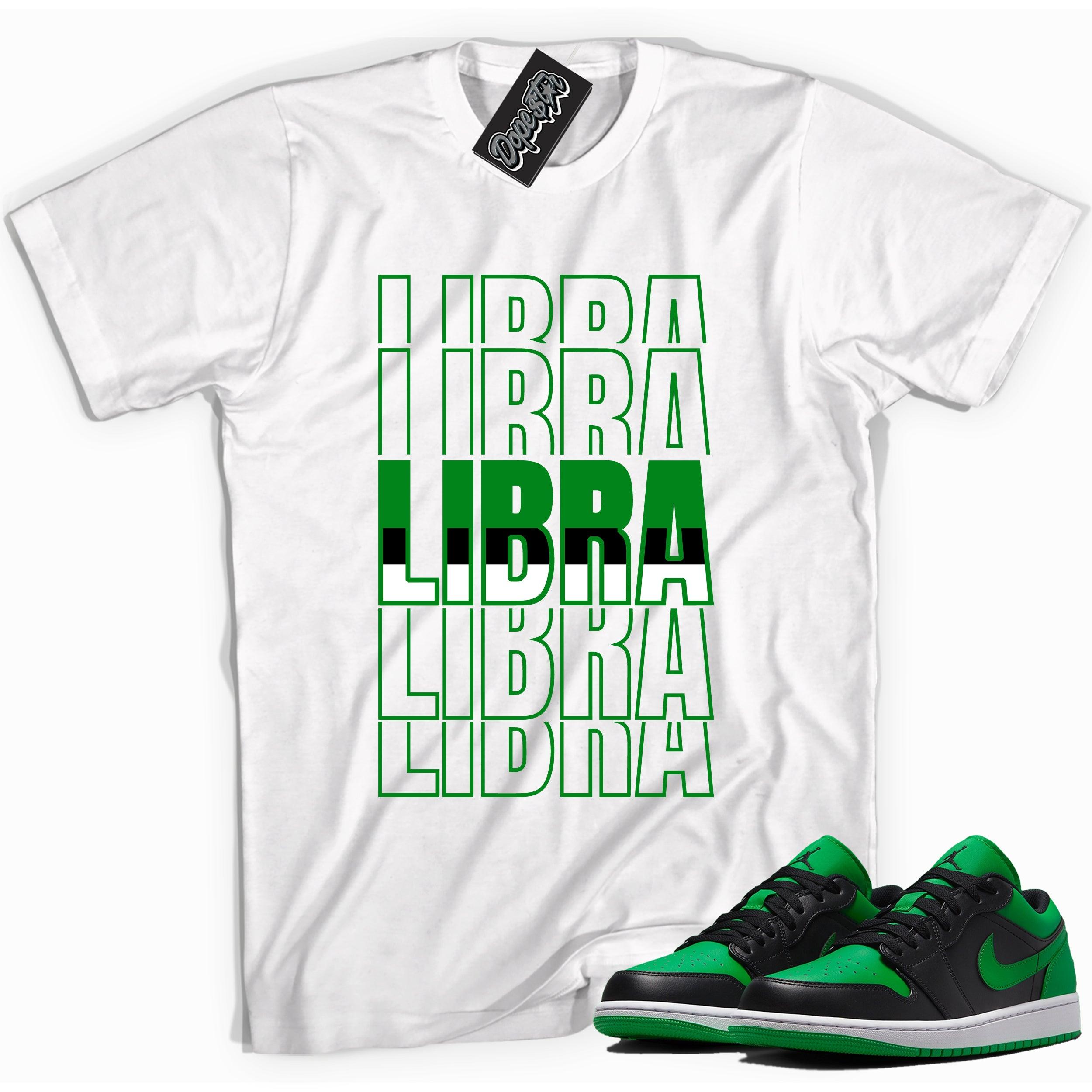Cool white graphic tee with 'libra' print, that perfectly matches Air Jordan 1 Low Lucky Green sneakers