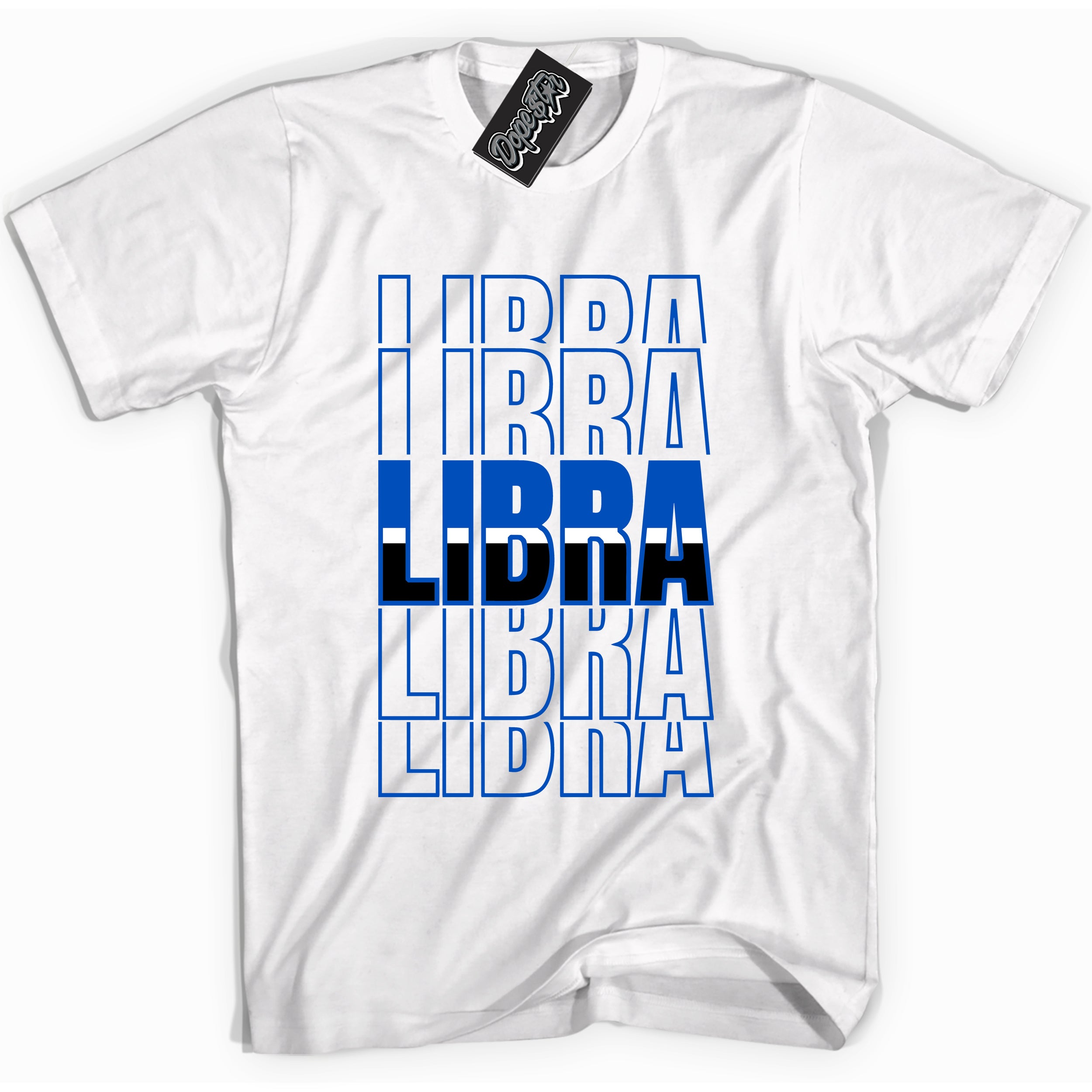 Cool White graphic tee with "Libra" design, that perfectly matches Royal Reimagined 1s sneakers 