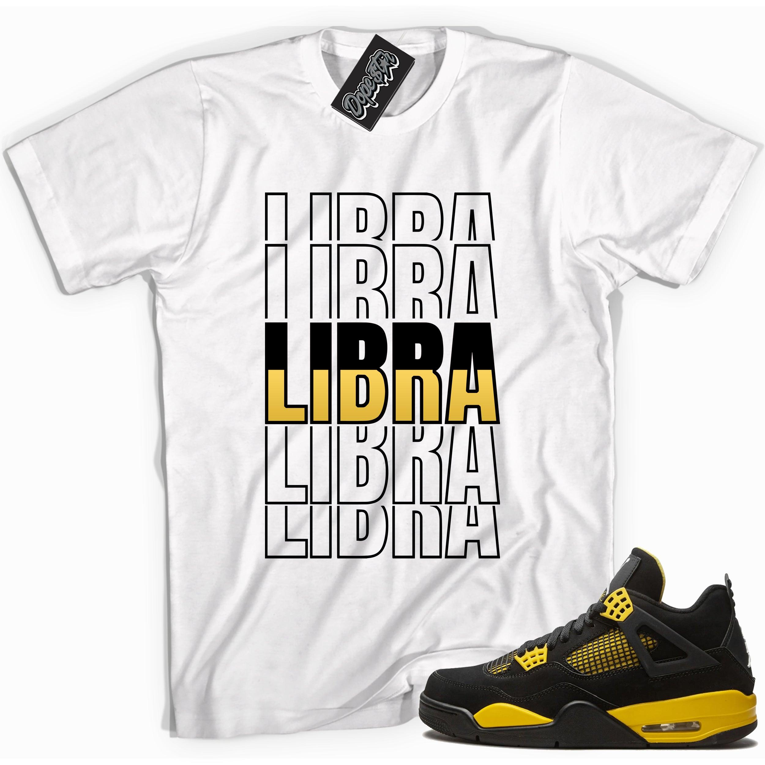 Cool white graphic tee with 'libra' print, that perfectly matches Air Jordan 4 Thunder sneakers