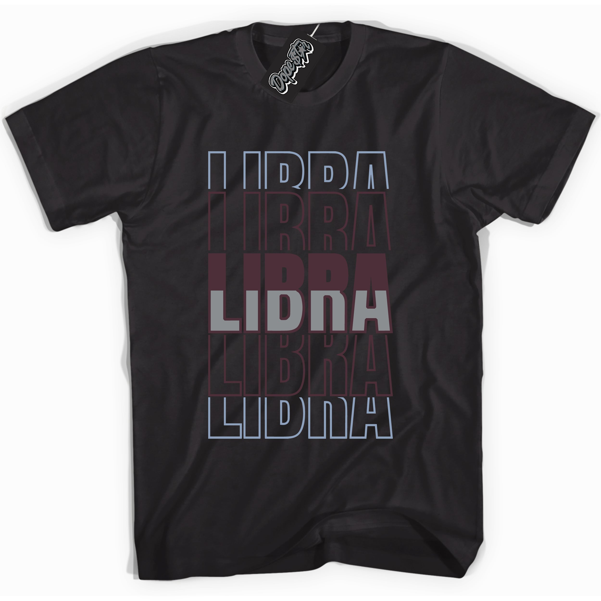 Cool Black Shirt with “ Libra” design that perfectly matches Burgundy 5s Sneakers.