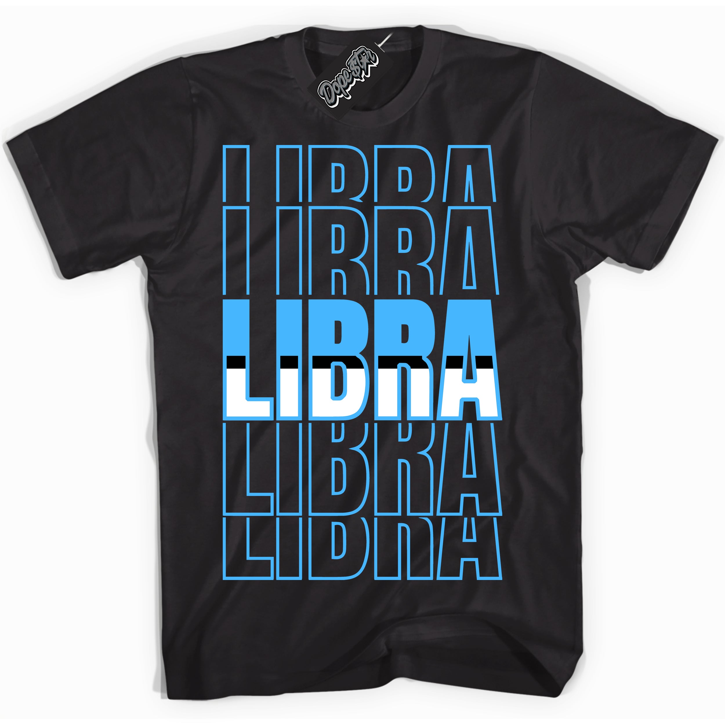 Cool Black graphic tee with “ Libra ” design, that perfectly matches Powder Blue 9s sneakers 