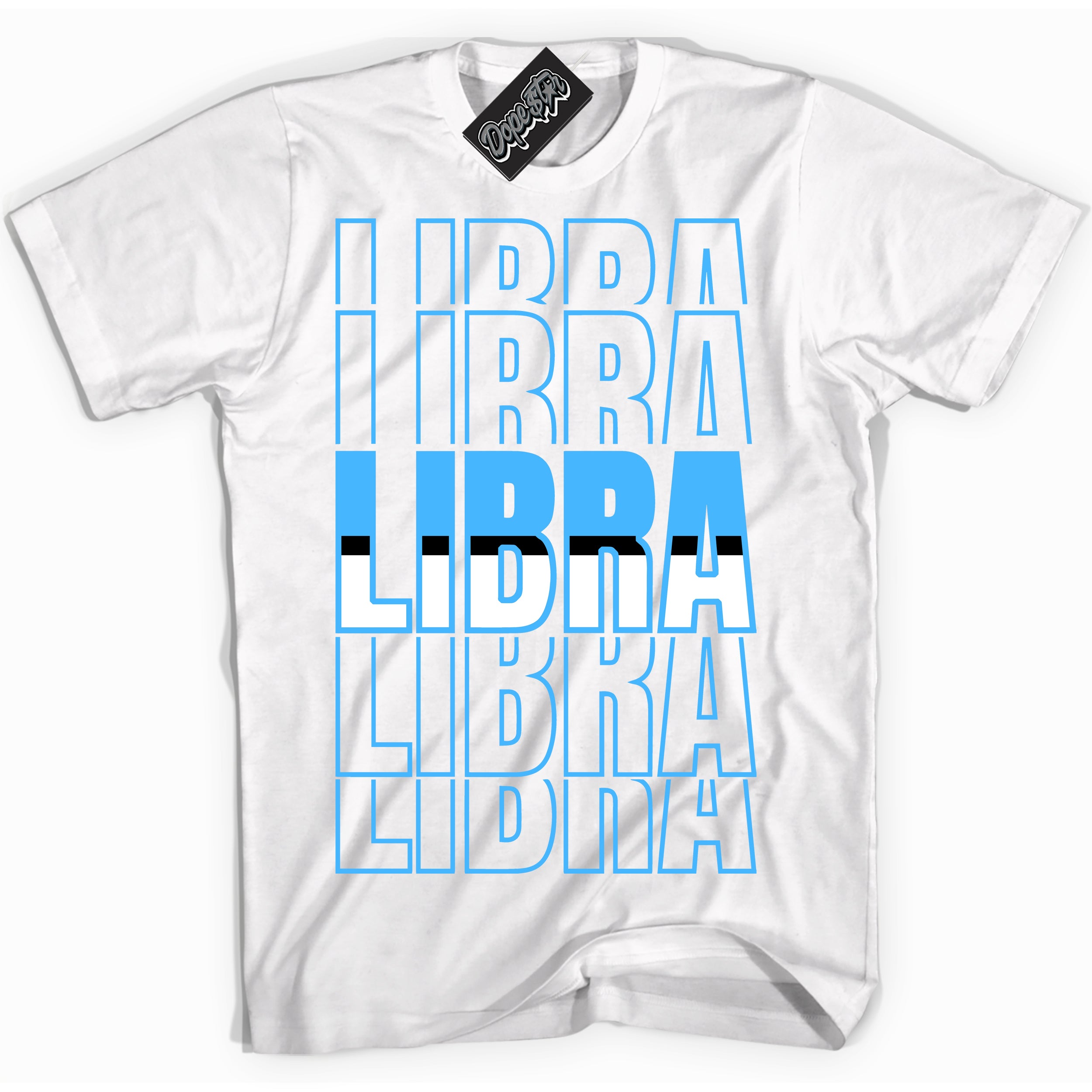 Cool White graphic tee with “ Libra ” design, that perfectly matches Powder Blue 9s sneakers 