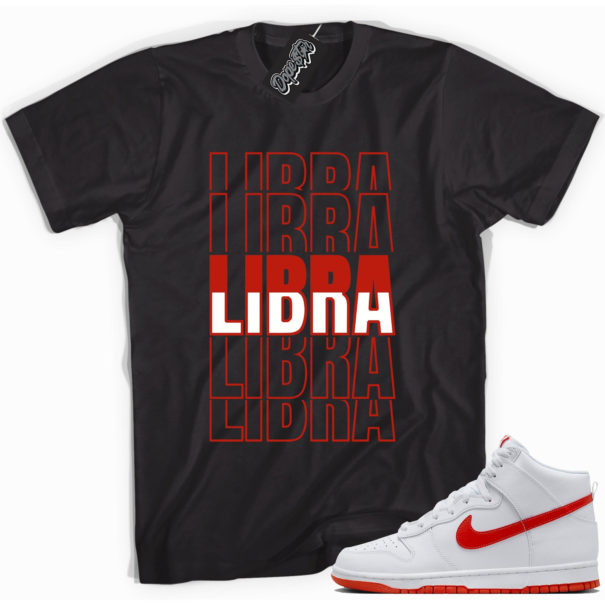 Cool black graphic tee with 'libra' print, that perfectly matches Nike Dunk High White Picante Red sneakers.