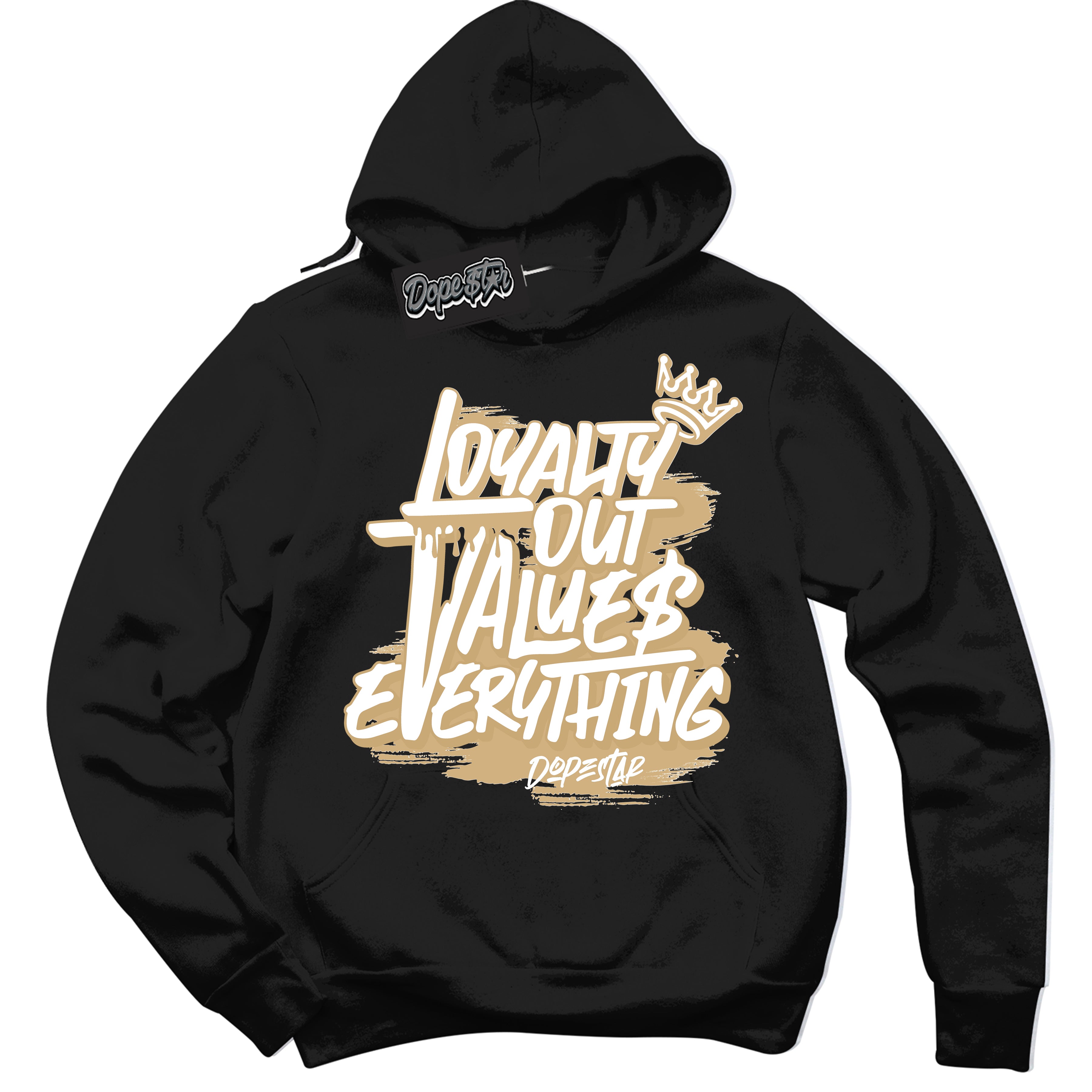 Jordan MVP White Metallic Gold ‘Loyalty Out Values Everything’ – Black Streetwear Hoodie | Sneaker Matching sweatshirt for Jordan MVP White Metallic Gold | Men's and Women's Streetwear Graphic Hoodie by Sneaker Shirts Outlet

