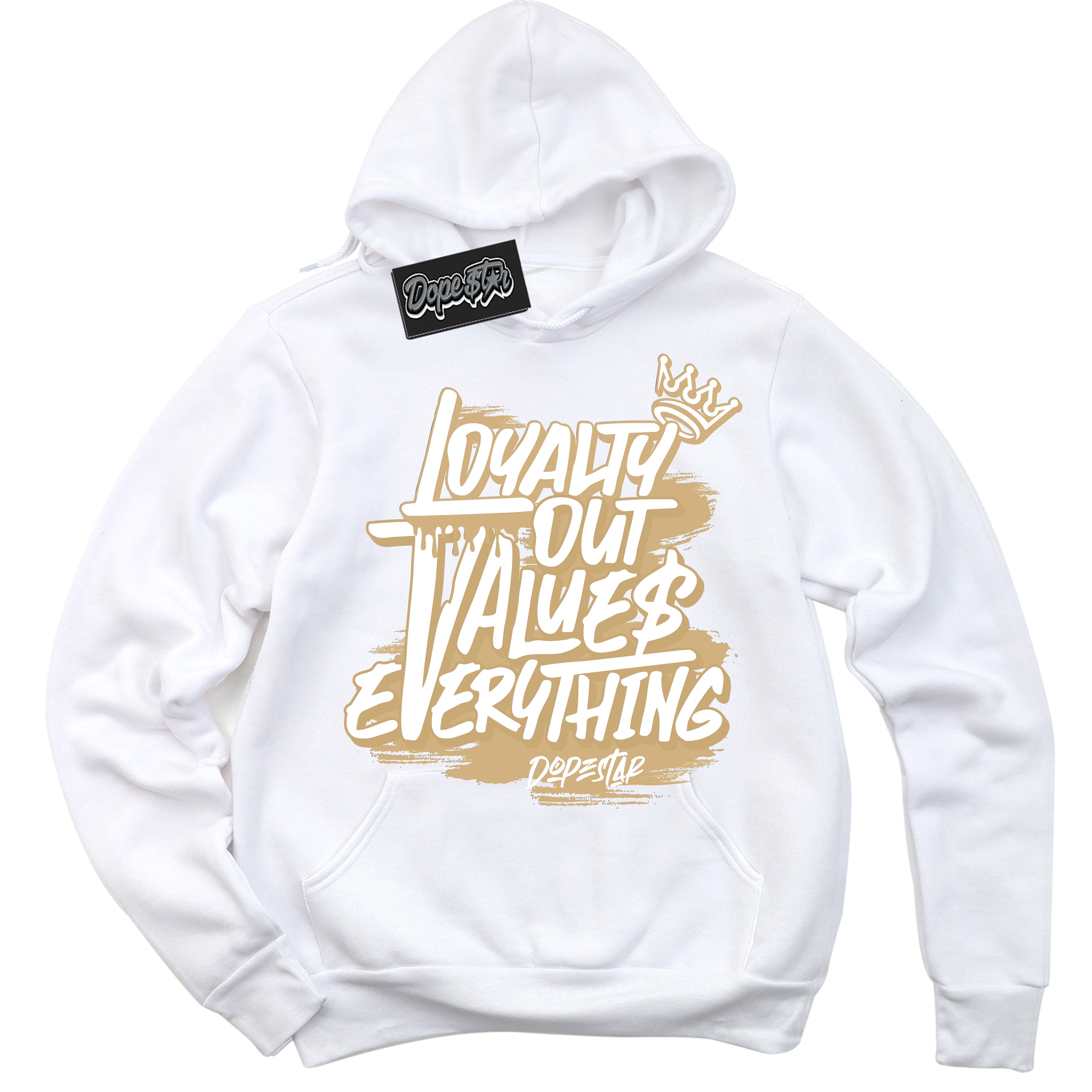 Jordan MVP White Metallic Gold ‘Loyalty Out Values Everything’ – White Streetwear Hoodie | Sneaker Matching sweatshirt for Jordan MVP White Metallic Gold | Men's and Women's Streetwear Graphic Hoodie by Sneaker Shirts Outlet