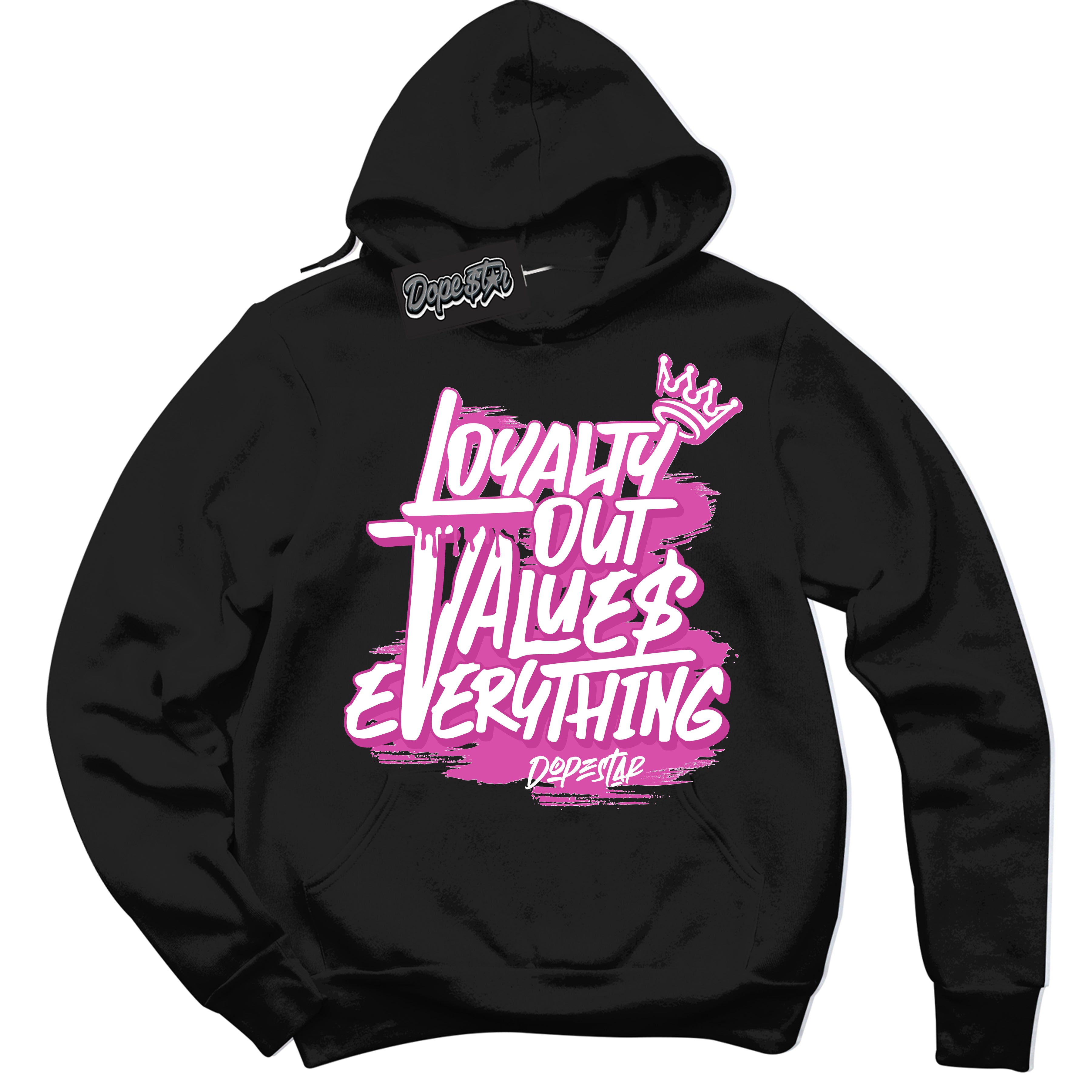Black Hoodie with playful pink and black "Loyalty Out Values Everything" graphic, made to match Air Max 1 Valentine's Day sneakers | Sneaker Shirts Outlet