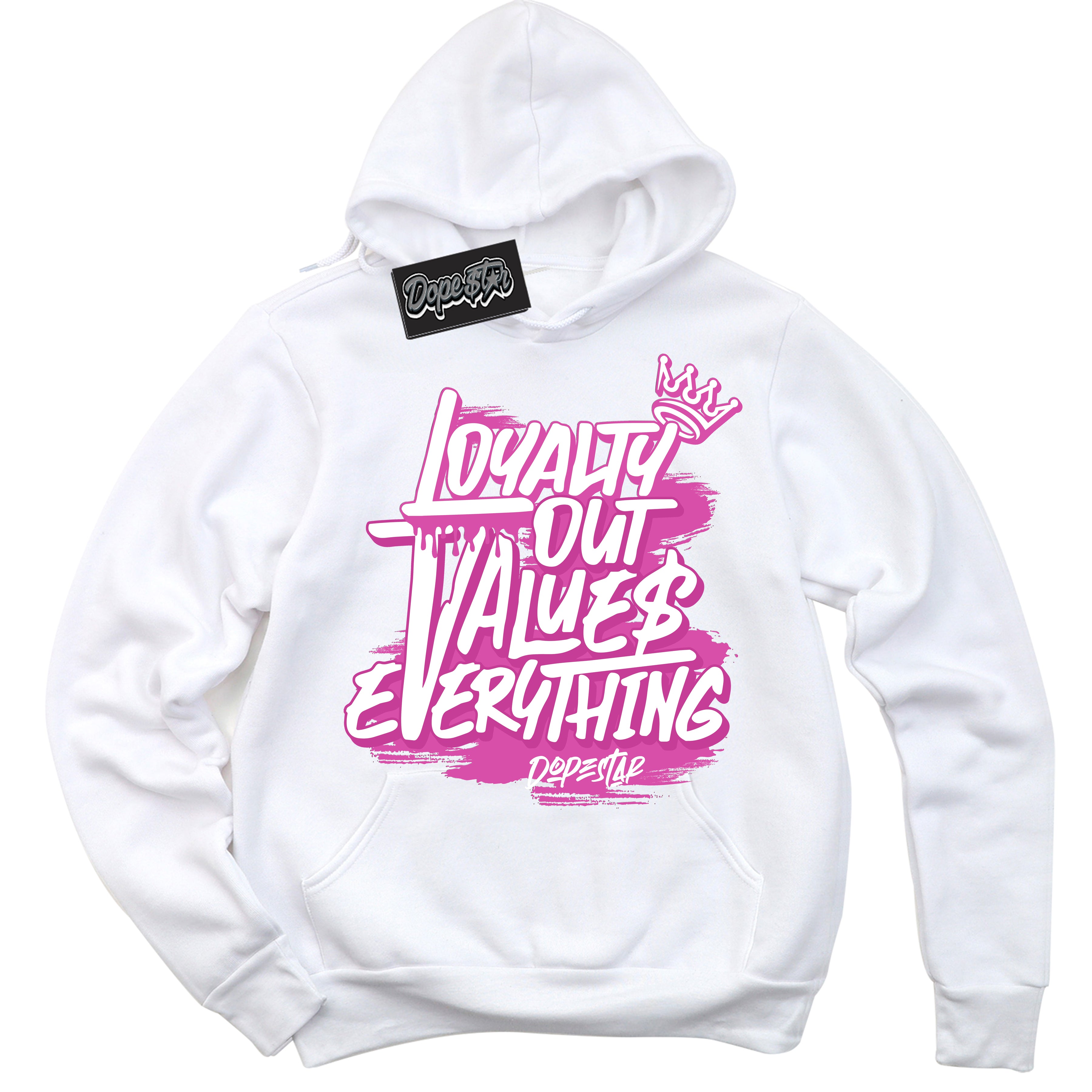 White Hoodie with playful pink and black "Loyalty Out Values Everything" graphic, made to match Air Max 1 Valentine's Day sneakers | Sneaker Shirts Outlet

