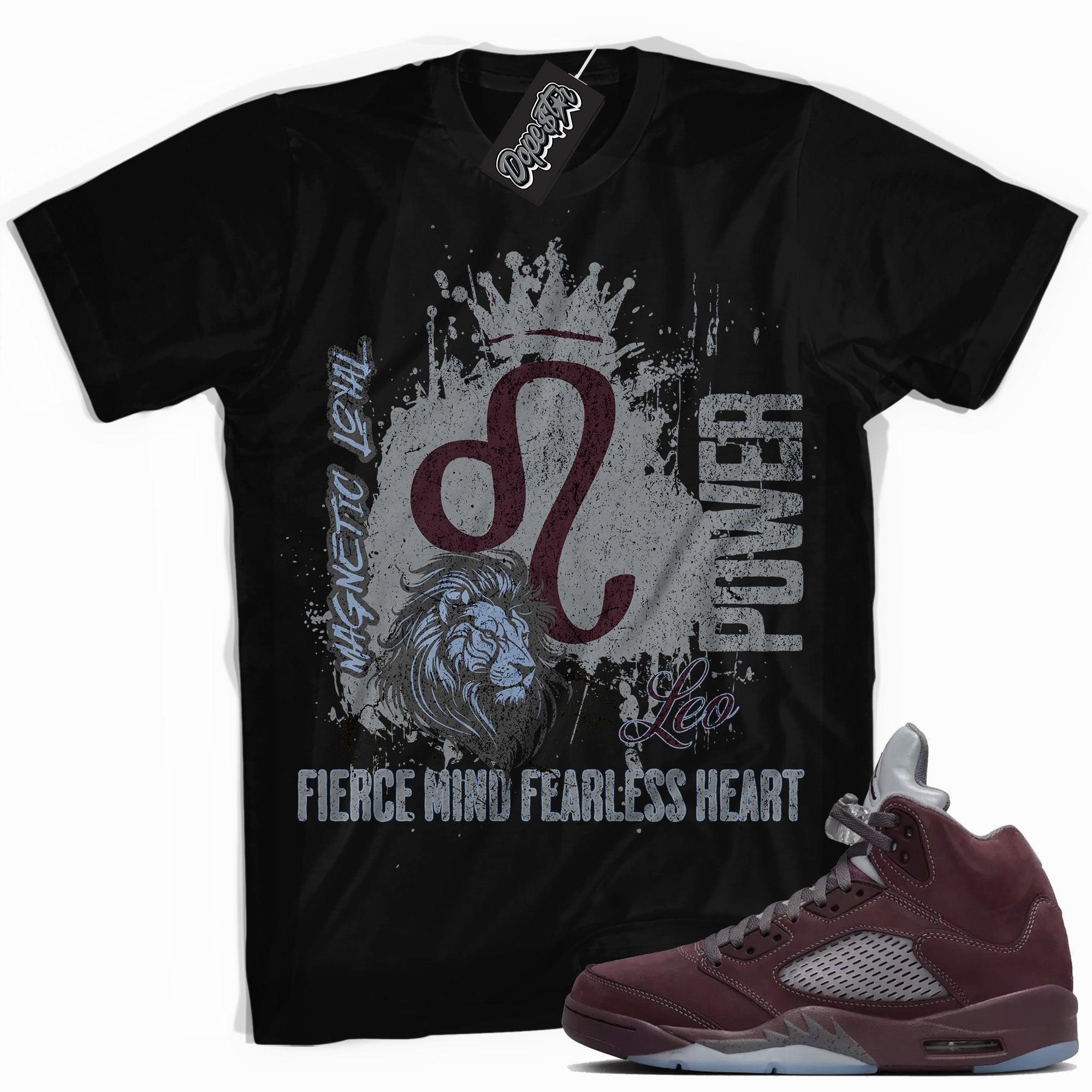 Cool Black graphic tee with “ LEO ” print, that perfectly matches Air Jordan 5 Burgundy 2023 sneakers 